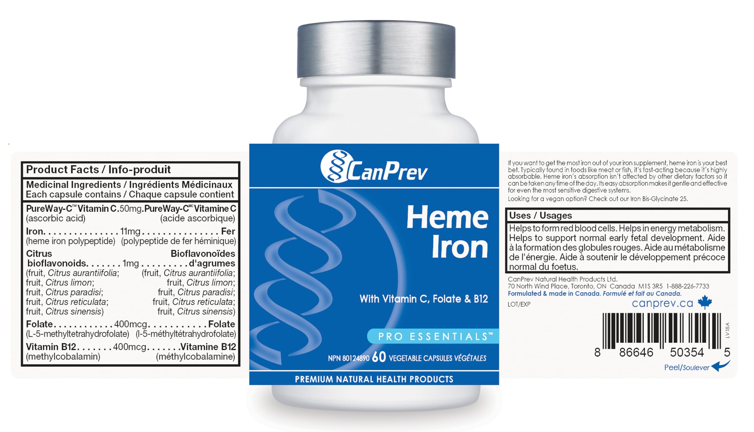 CanPrev Fer Heme 60 V-Caps, Approvisionnement de 60 jours avec Vitamine C, Folate et B12, Supplément de Fer Doux et Facilement Absorbable pour Femmes, Sans OGM, Sans Gluten ni Soja, Soutient la Formation des Globules Rouges, Fabriqué au Canada
