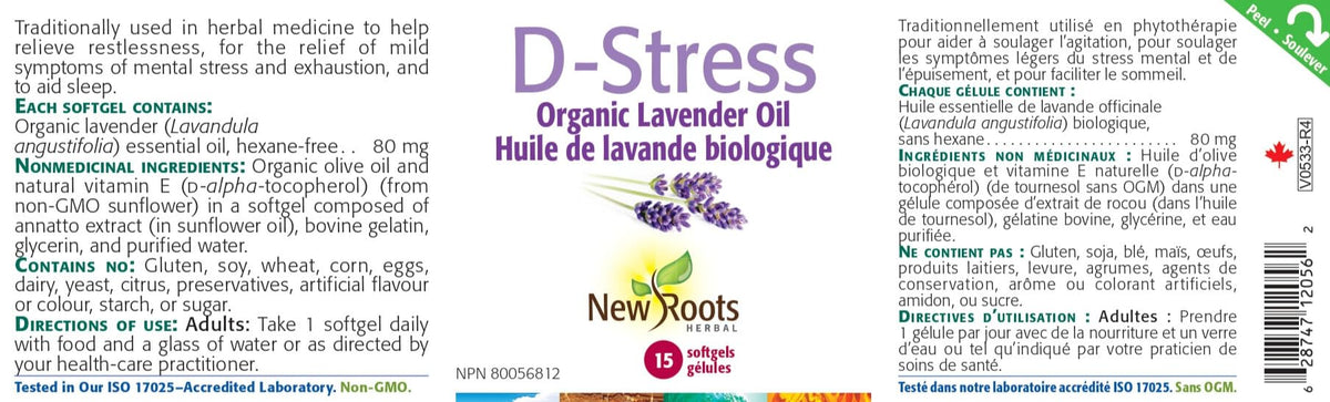 New Roots Herbal D-Stress Organic Lavender Oil, Hexane Free, 15 Softgels