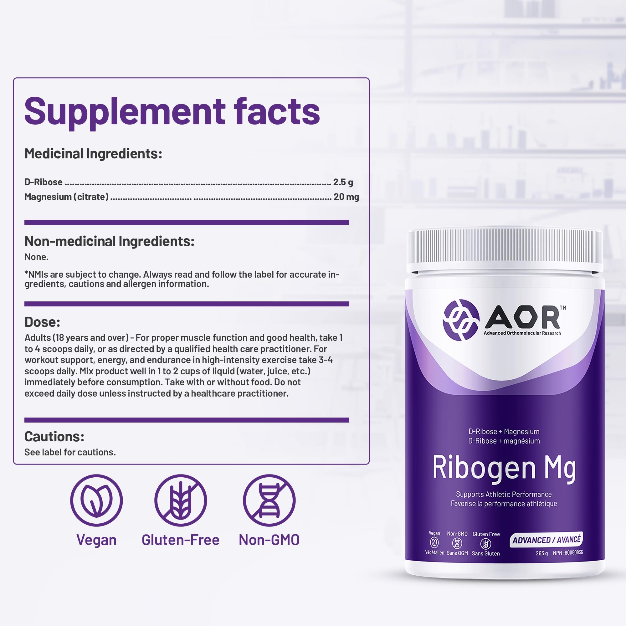 AOR Ribogen Mg 263g 105 portions – Poudre de citrate de magnésium avec D-Ribose, favorise les niveaux d'énergie et la performance physique, améliore la fonction musculaire, la récupération et la santé osseuse – Végétalien, sans OGM et sans gluten