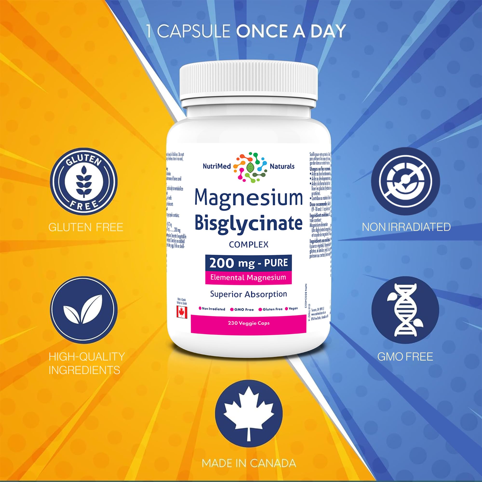 Nutrimed Naturals - Magnesium Bisglycinate Complex 200mg, 230 Capsules 230-Day Supply - Maintain Proper Muscle Function & Bone Health, Sleep Support - 3rd Party Tested - Formulated & Made in Canada