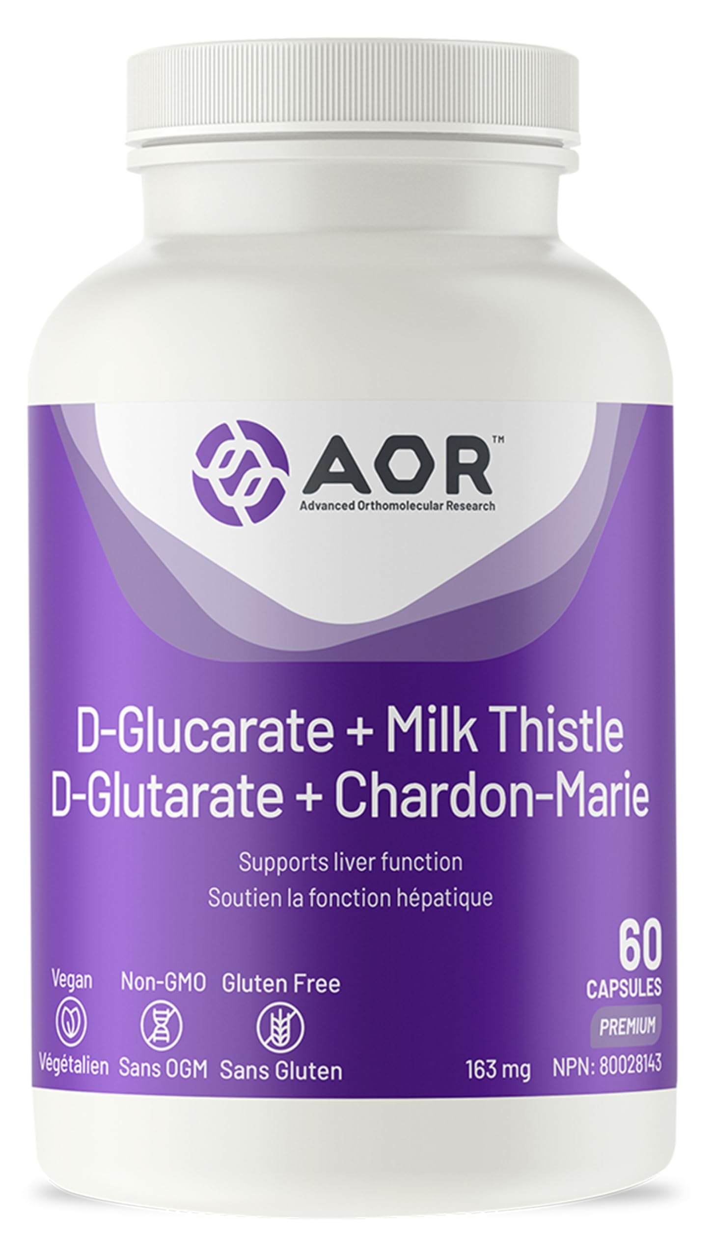 AOR Calcium D-Glucarate + Chardon Marie, 60 gélules pour 30 jours – Formule Santé du Foie – Végétalien, Sans OGM et Sans Gluten – Extrait de Chardon Marie pour l'Équilibre Hormonal – Idéal pour les Programmes de Détoxification