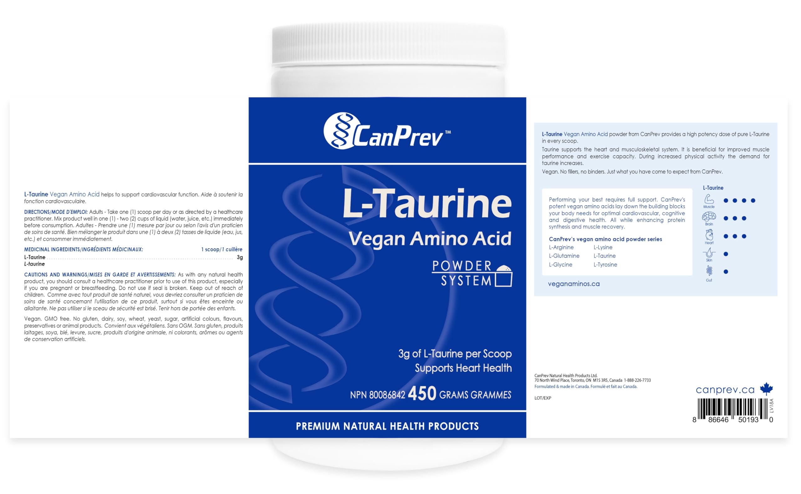 CanPrev L-Taurine poudre 450 g 450 portions - Supplément végétalien d'acides aminés, Soutient la fonction cardiovasculaire et la vitalité générale, Aide à la performance physique et à l'endurance, Taurine fermentée pure