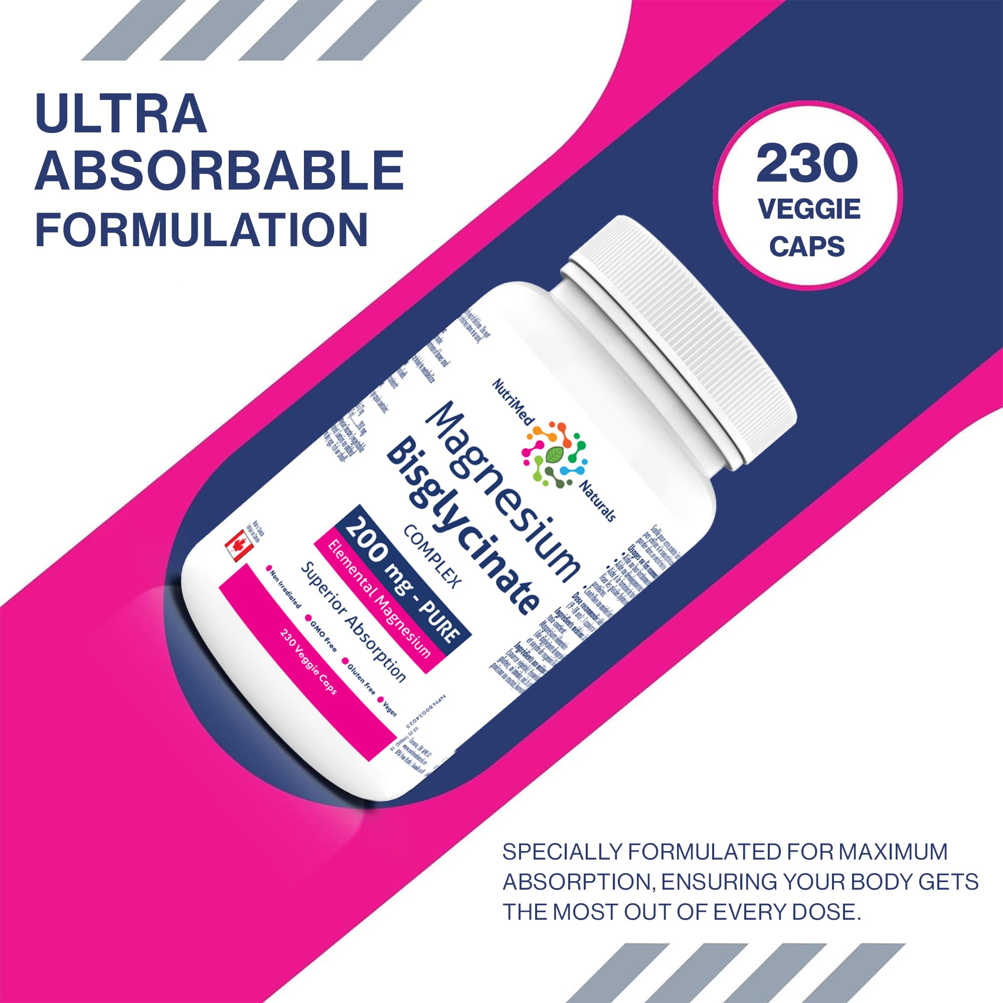 Nutrimed Naturals - Magnesium Bisglycinate Complex 200mg, 230 Capsules 230-Day Supply - Maintain Proper Muscle Function & Bone Health, Sleep Support - 3rd Party Tested - Formulated & Made in Canada