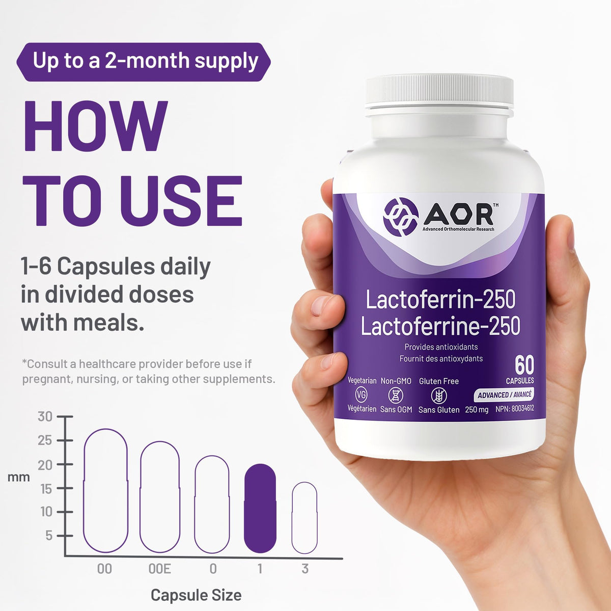 AOR Lactoferrin Supplements, 250 mg, Iron, Antioxidant Support, 60 Capsules