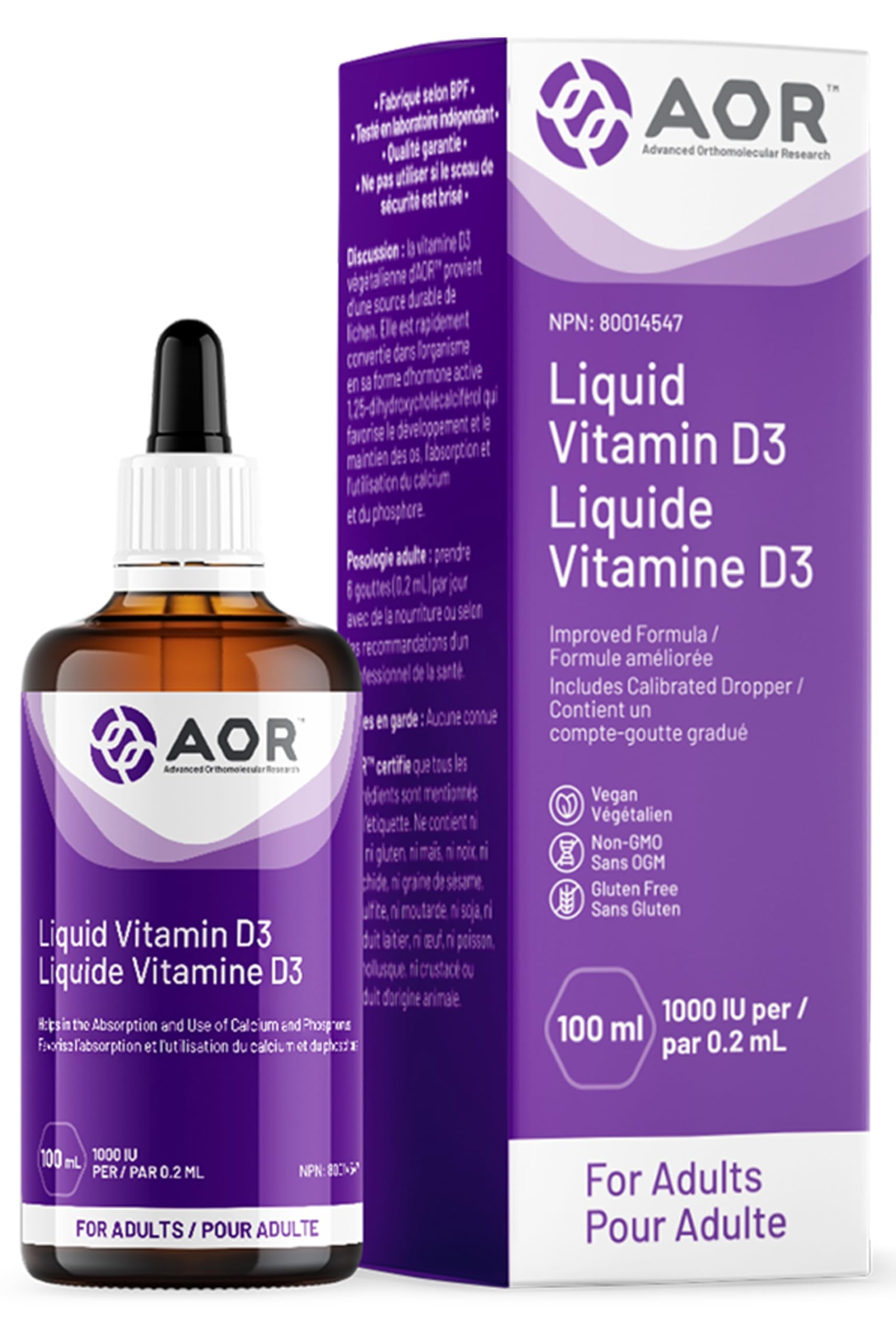 AOR - Vitamin D3 1000 IU, 50 ml Vdrops - Liquid Vitamin D3 Drops for Adults - Cholecalciferol Vitamin D3 with Calcium for Bone Health and Immune System Support - Vegan Vitamin D3 Supplement