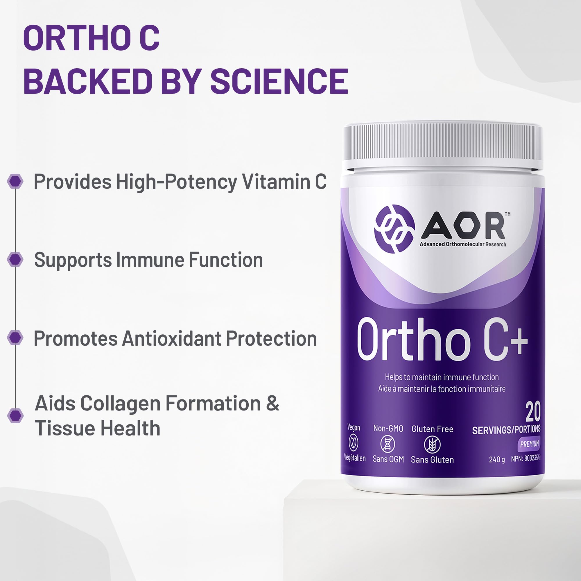 AOR Ortho C+ 240g Poudre - Formule à haute dose de vitamine C et d'électrolytes avec de l'ascorbate de magnésium et de calcium, soutient la fonction de la peau et des vaisseaux sanguins - Végétalien, sans OGM et sans gluten