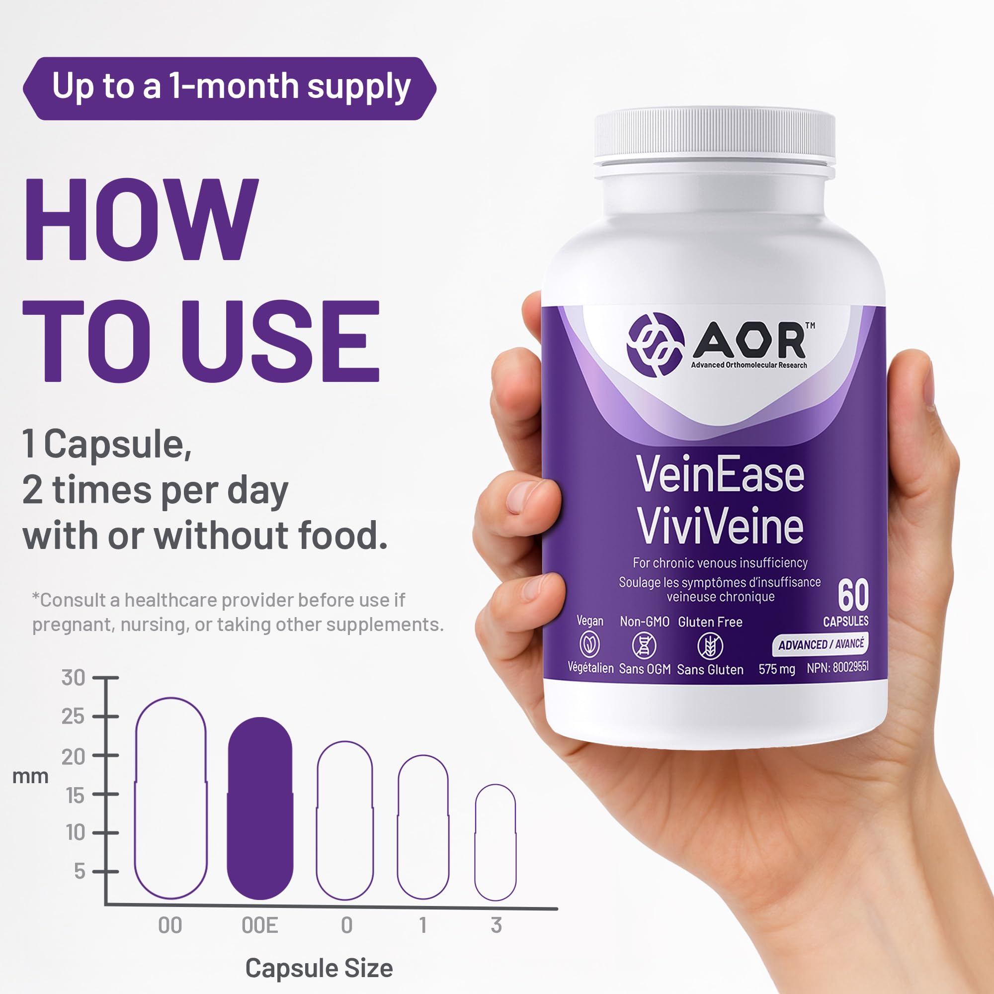 AOR VeinEase 575mg, 60 Vegan Caps 30-Day Supply - Diosmin Hesperidin Supplement, Vitis Vinifera & Grape Seed Extract for Comfortable Legs, Promotes Healthy Vein Function - Vegan, Non-GMO & Gluten-Free