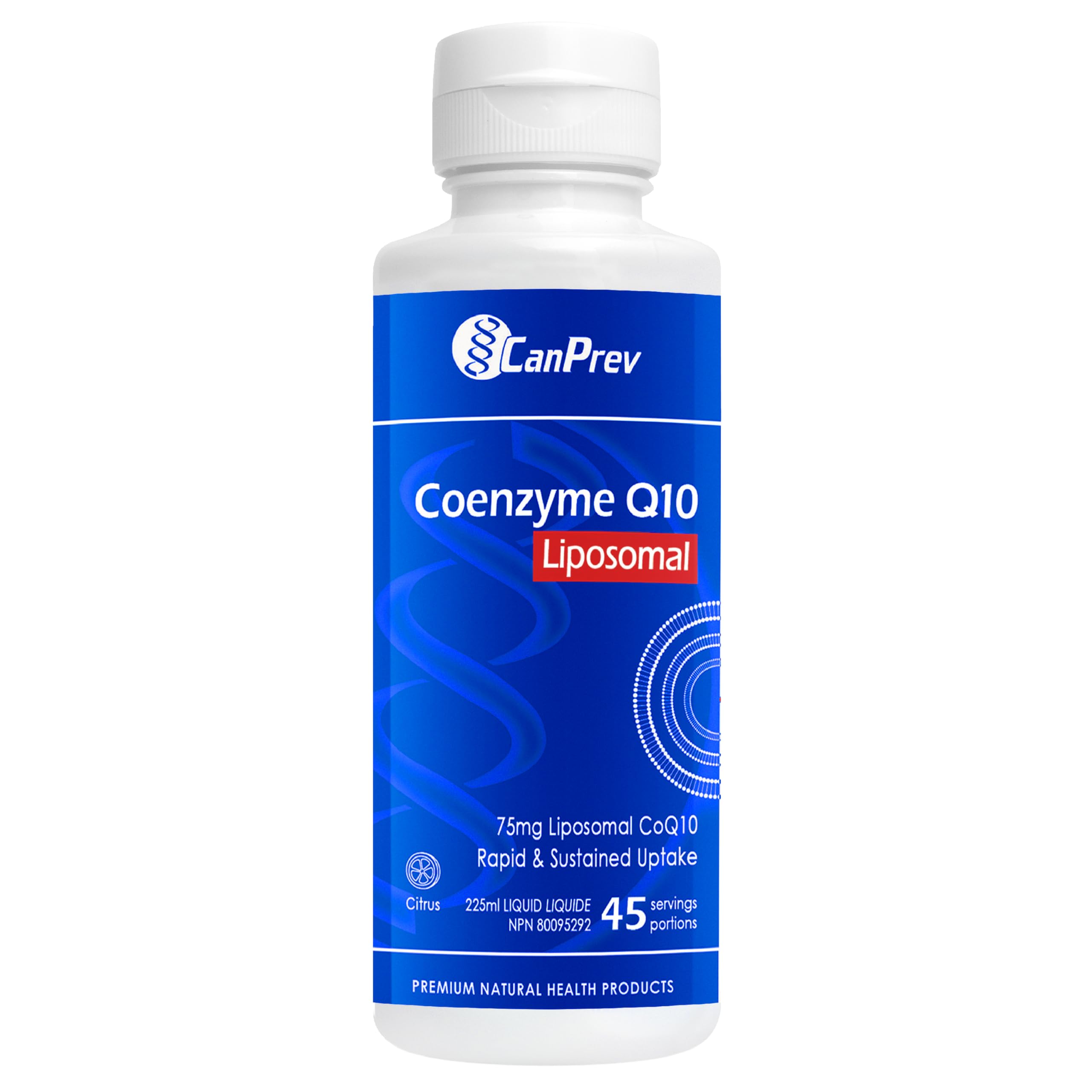 CanPrev Coenzyme Q10 Liposomale 75 mg Saveur Agrumes, Liquide 225 ml 45 Portions - Formule à Absorption Améliorée pour la Protection Antioxydante et le Maintien de la Santé Cardiaque - Végétalien, Sans OGM et Sans Gluten