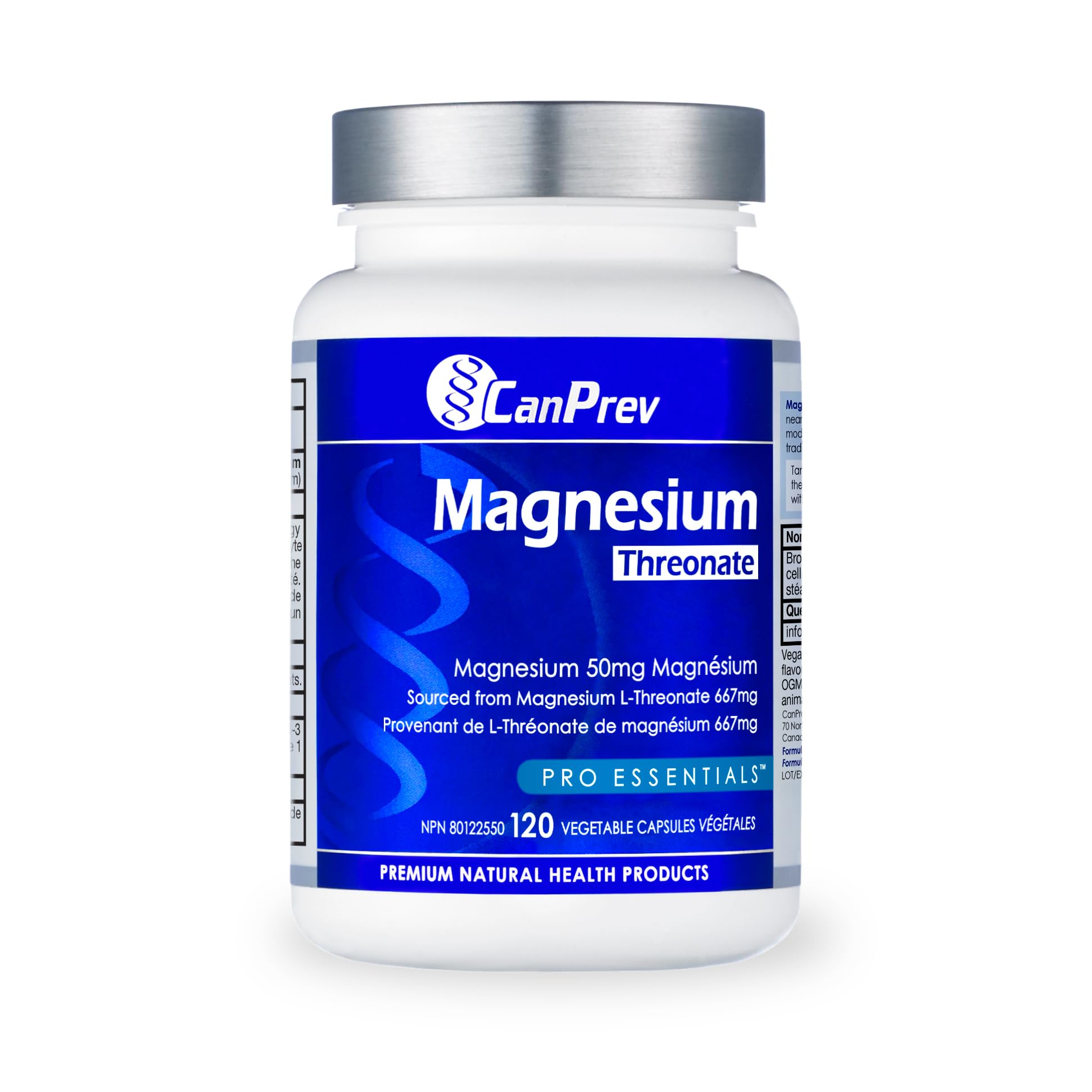 CanPrev Magnésium L-Thréonate 50mg, 120 Gélules Fourniture de 120 Jours - Formule à Absorption Optimale pour Améliorer le Sommeil, la Fonction Musculaire, Maintenir un Équilibre Électrolytique Sain - Végétalien, Sans OGM et Sans Gluten