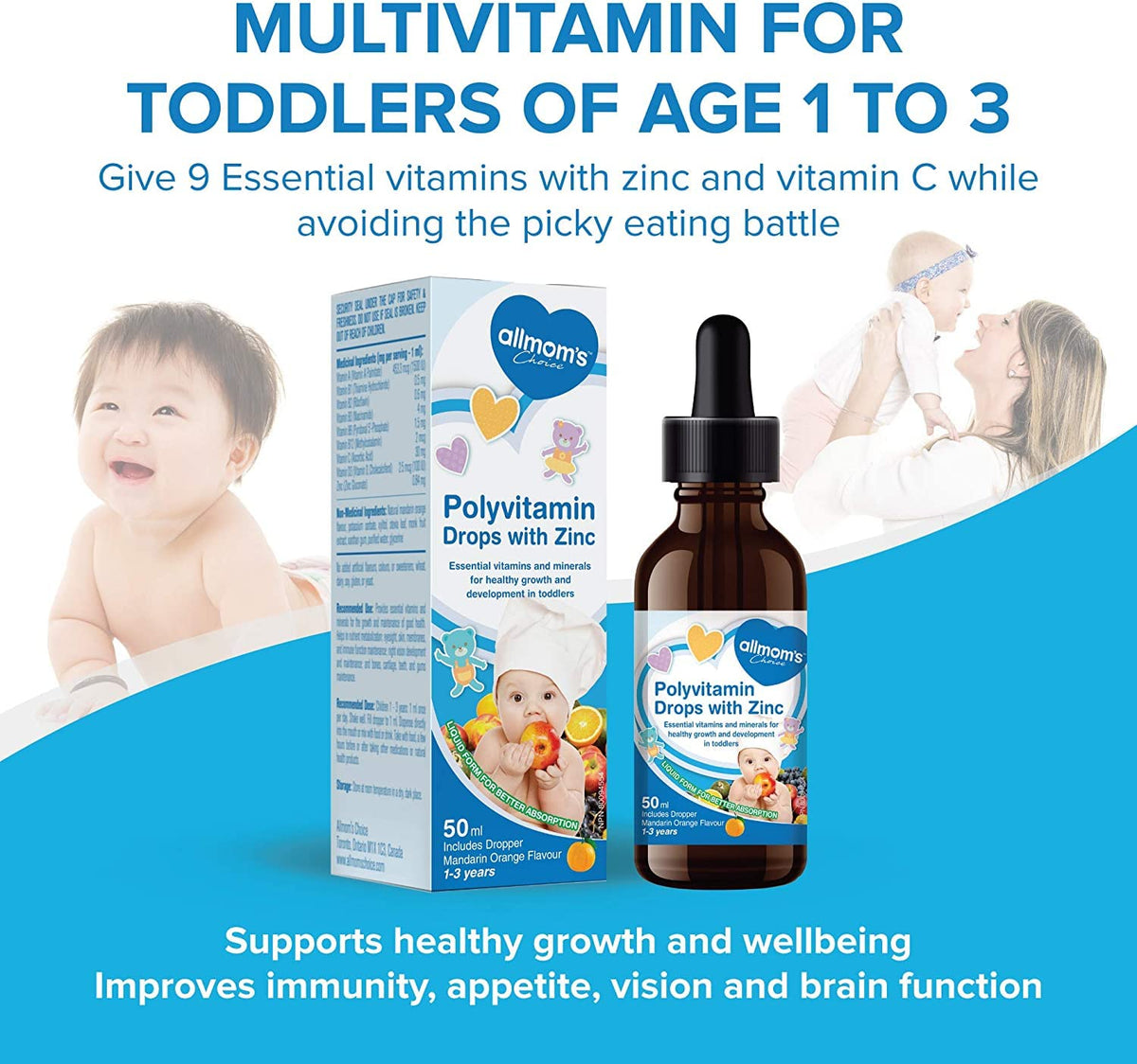 Allmom's Choice - Polyvitamin Drops with Zinc 50ml 50-Servings - Mandarin Orange Flavour - Vitamins and Minerals for Healthy Growth - Improves Immunity, Appetite, Vision and Brain Function - 1-3 Years