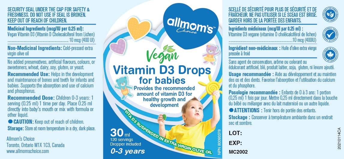 Gouttes de vitamine D 400 UI, 0 à 3 ans, 30 ml - Allmom's Choice