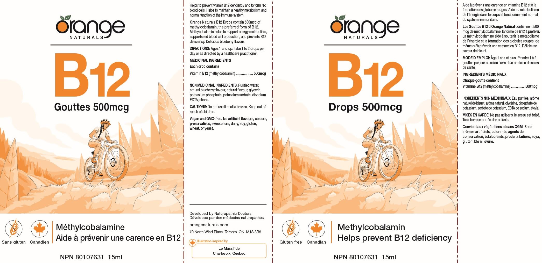 Orange Naturals Vitamin B-12 Liquid Drops 500mcg 15 ml 300-Day Supply - Methylcobalamin Supports Metabolism & Immune Function Vegan Blueberry Flavour