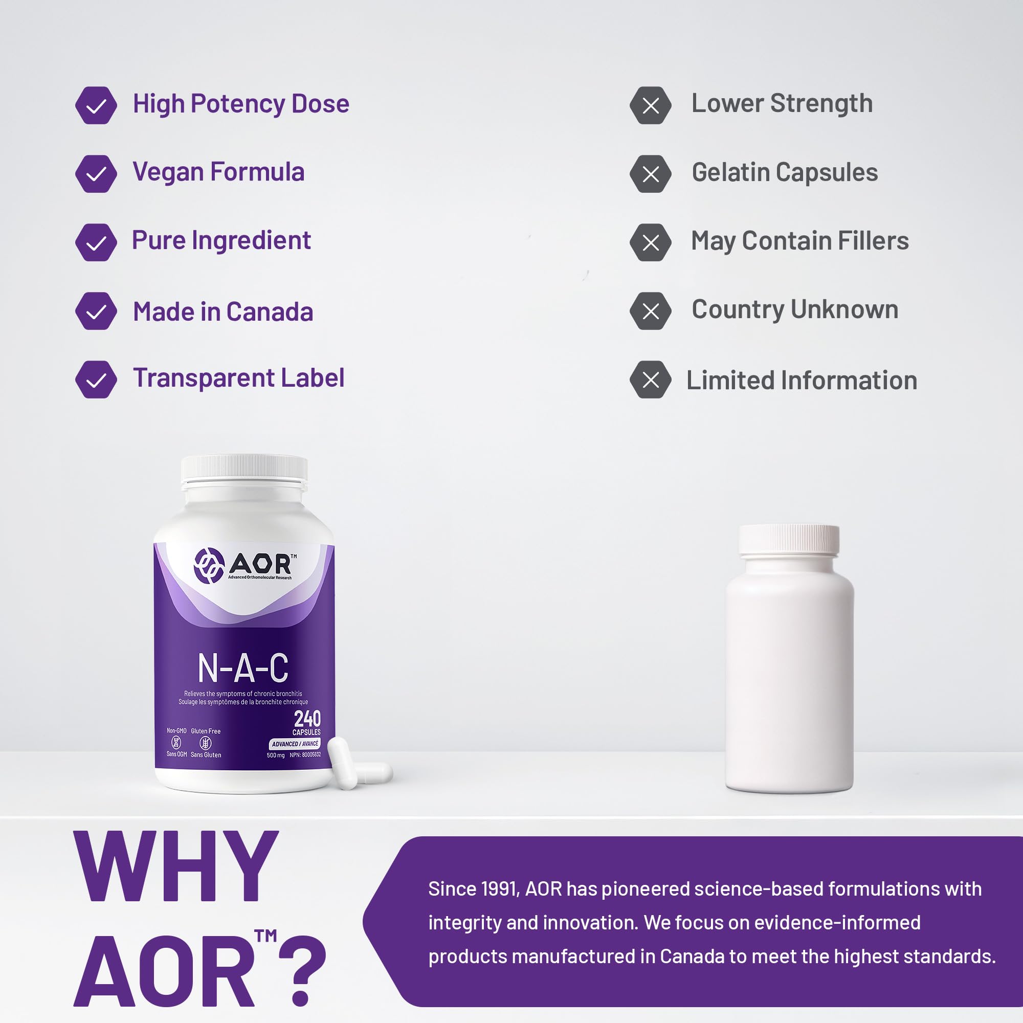 AOR N-A-C N-Acetyl Cysteine 500mg 240 Caps, 8-Month Supply, Support Balanced Immune System, Promotes Glutathione Level, Healthy Respiratory Function, Skin Health & Liver Wellness, Gluten-Free, Non-GMO