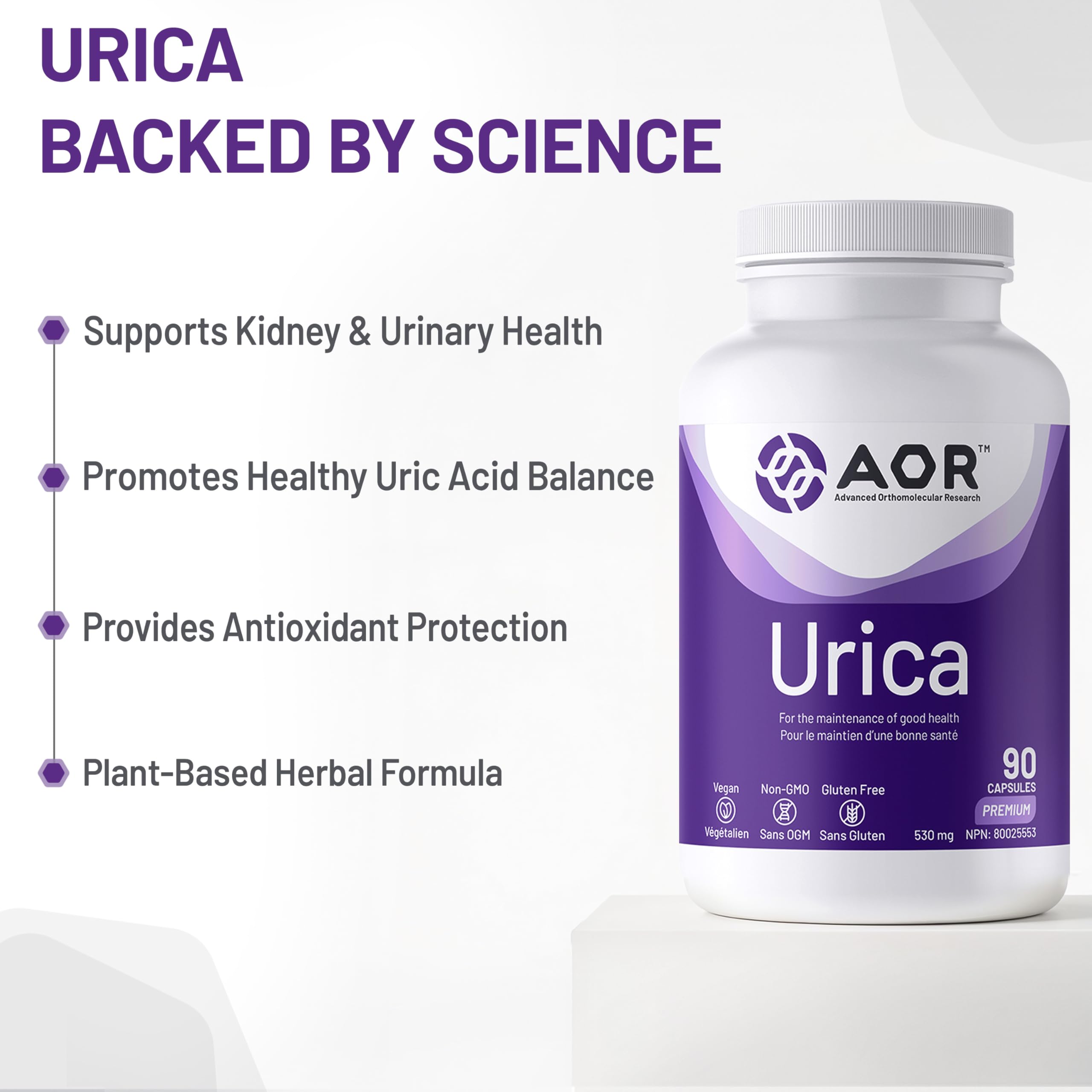 AOR Urica 530mg, 90 gélules (30 jours de traitement) - Formule de soutien de l'acide urique avec mûrier blanc riche en morine, trans-resvératrol et extrait de pépins de raisin - Végétalien et sans gluten - Favorise l'équilibre naturel de l'acide urique