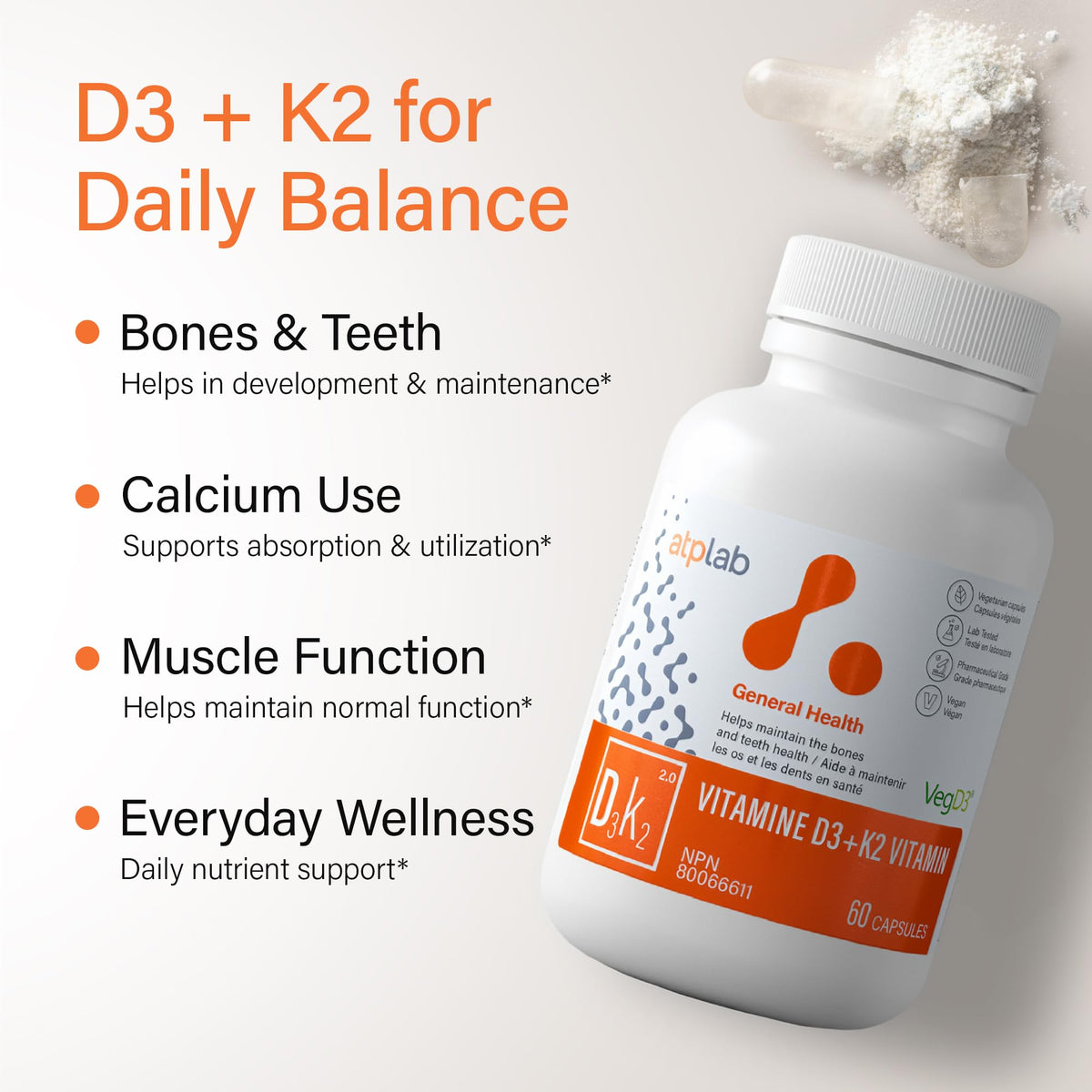 atplab Vitamin D3 K2 Capsules, 1000 IU, 60 Capsules, 60 Day Supply