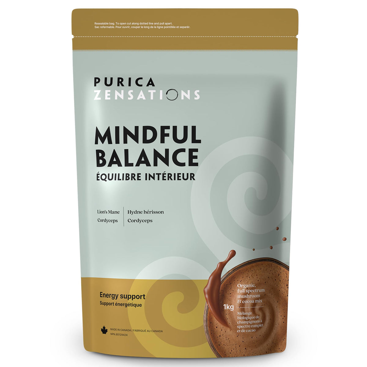PURICA Zensations Mindful Balance, Cacao Mushroom Powder, Lion's Mane, 1 kg