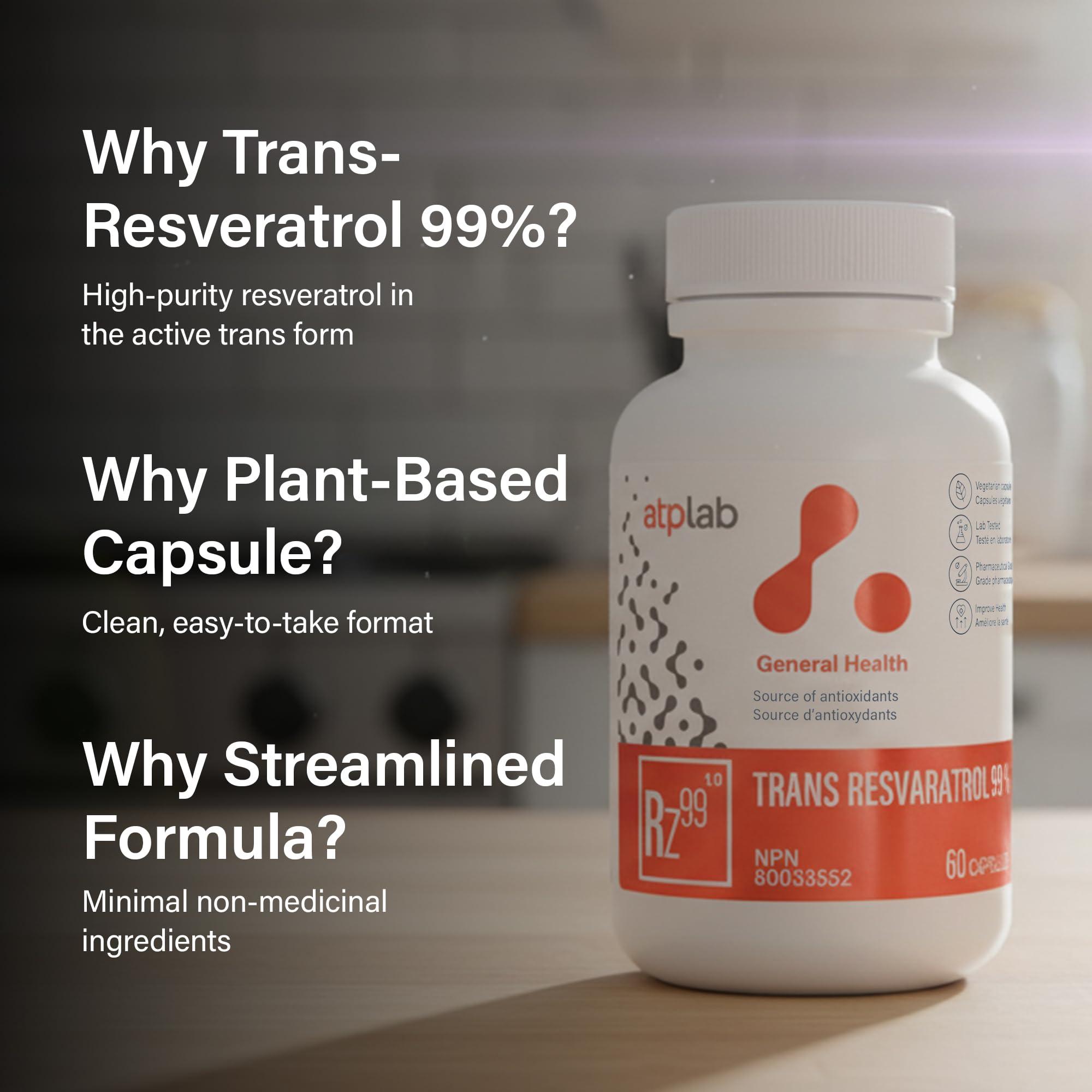 ATP LAB - Trans Resveratrol 99% 60 Capsules 60-Day Supply - Antioxidants Supplement - Immune System Support - Trans Resveratrol Supplement - Glowing Skin & Immune Support