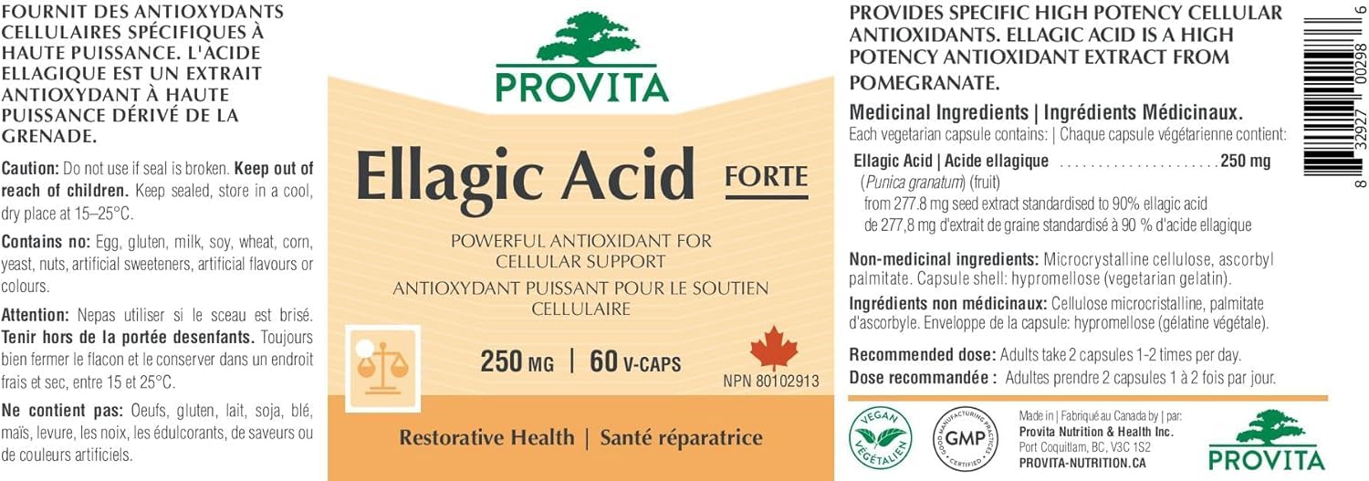 Acide ellagique Forte 250mg extrait de graines de grenade - 60 gélules végétales - Fabriqué au Canada par Provita