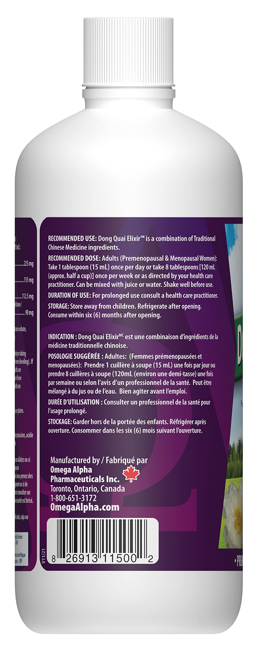 Complément alimentaire liquide à base de plantes Omega Alpha Dong Quai Elixir pour l'équilibre hormonal et le soutien de la vitalité des femmes, saveur pomme 500 ml, approvisionnement de 33 jours, formule végétalienne