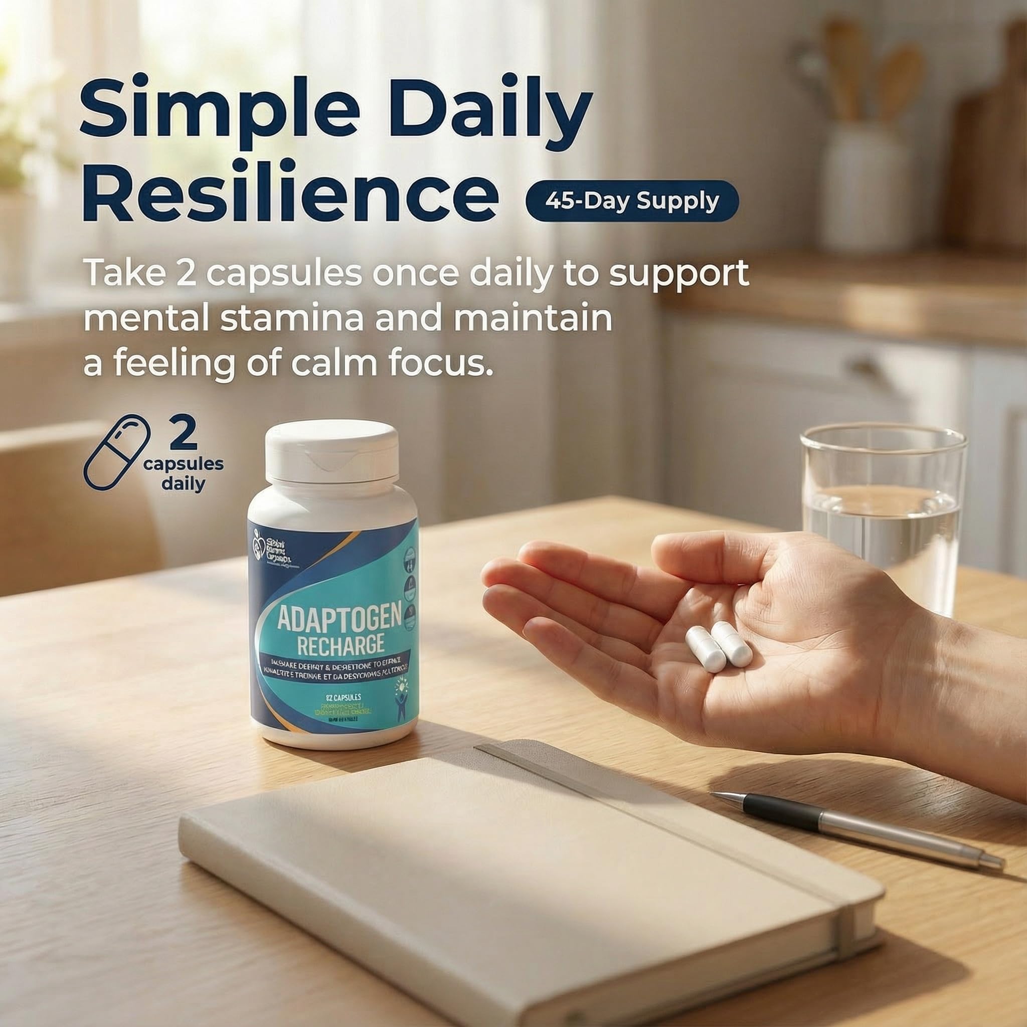 Global Health Naturals Adaptogen Recharge, 90 gélules végétaliennes - 45 jours d'approvisionnement KSM-66 Ashwagandha et Rhodiola, soutient le bien-être émotionnel, fabriqué aux États-Unis