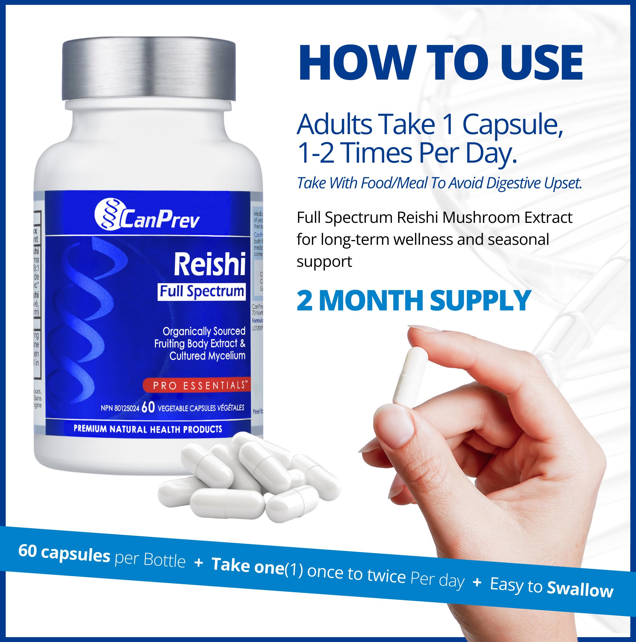 CanPrev Reishi Full Spectrum Mushroom Supplement, 60 Veg Capsules 60-Day Supply with Fruiting Body & Mycelium, Supports Restful Nights & Natural Wellness, Vegan, Free from GMO, Gluten, Sugar & Dairy