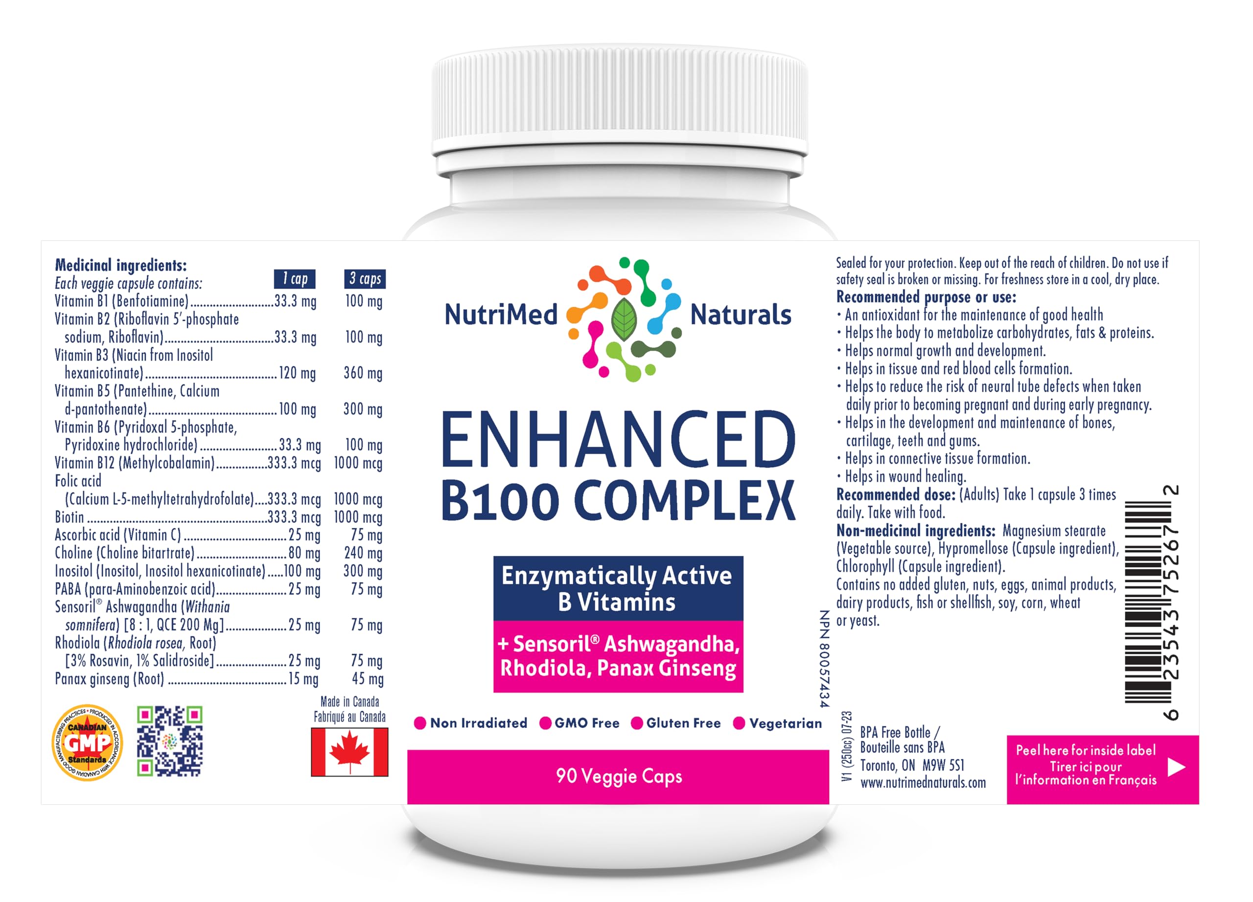 Nutrimed Naturals - Complexe B100 Amélioré, 90 Gélules (approvisionnement de 30 jours) - Supplément de Vitamines B - Santé Osseuse, Dents, Gencives et Réparation du Cartilage - Testé par des Tiers - Formulé et Fabriqué au Canada