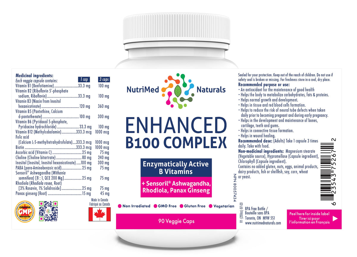 Nutrimed Naturals - Enhanced B100 Complex, 90 Capsules 30-Day Supply - Vitamin B Supplement - Bone Health, Teeth Health, Gum Health & Cartilage Repair - 3rd Party Tested - Formulated & Made in Canada