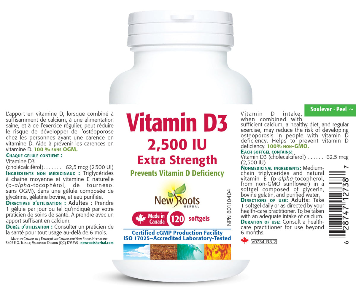 New Roots Herbal - Vitamin D3 2500 IU Extra Strength Softgels