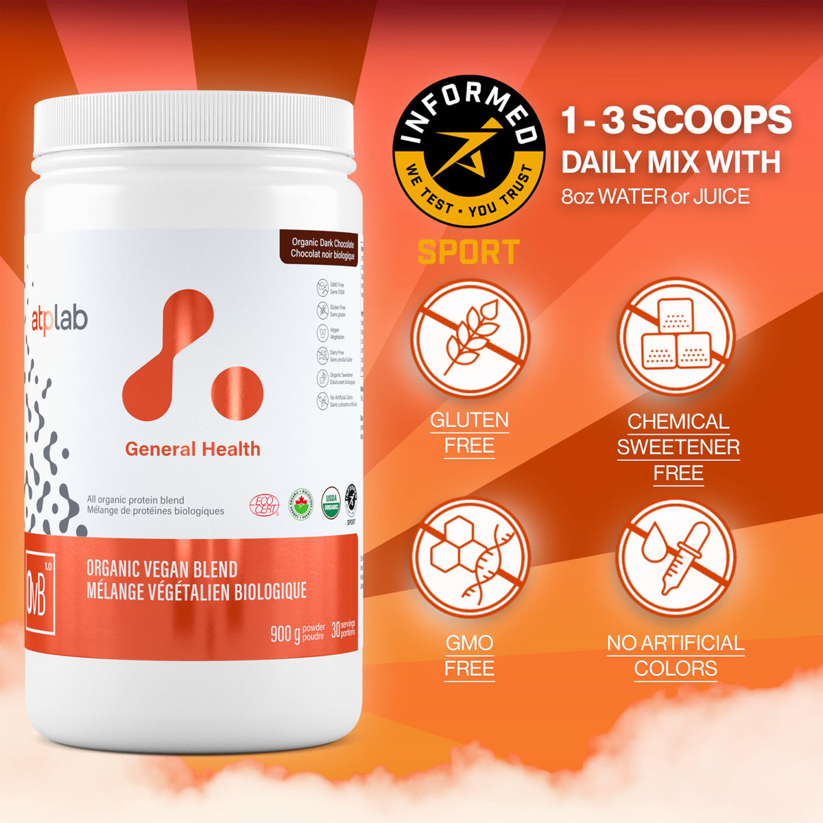 atplab Organic Vegan Blend Chocolate Plant Based Protein Powder, 900g