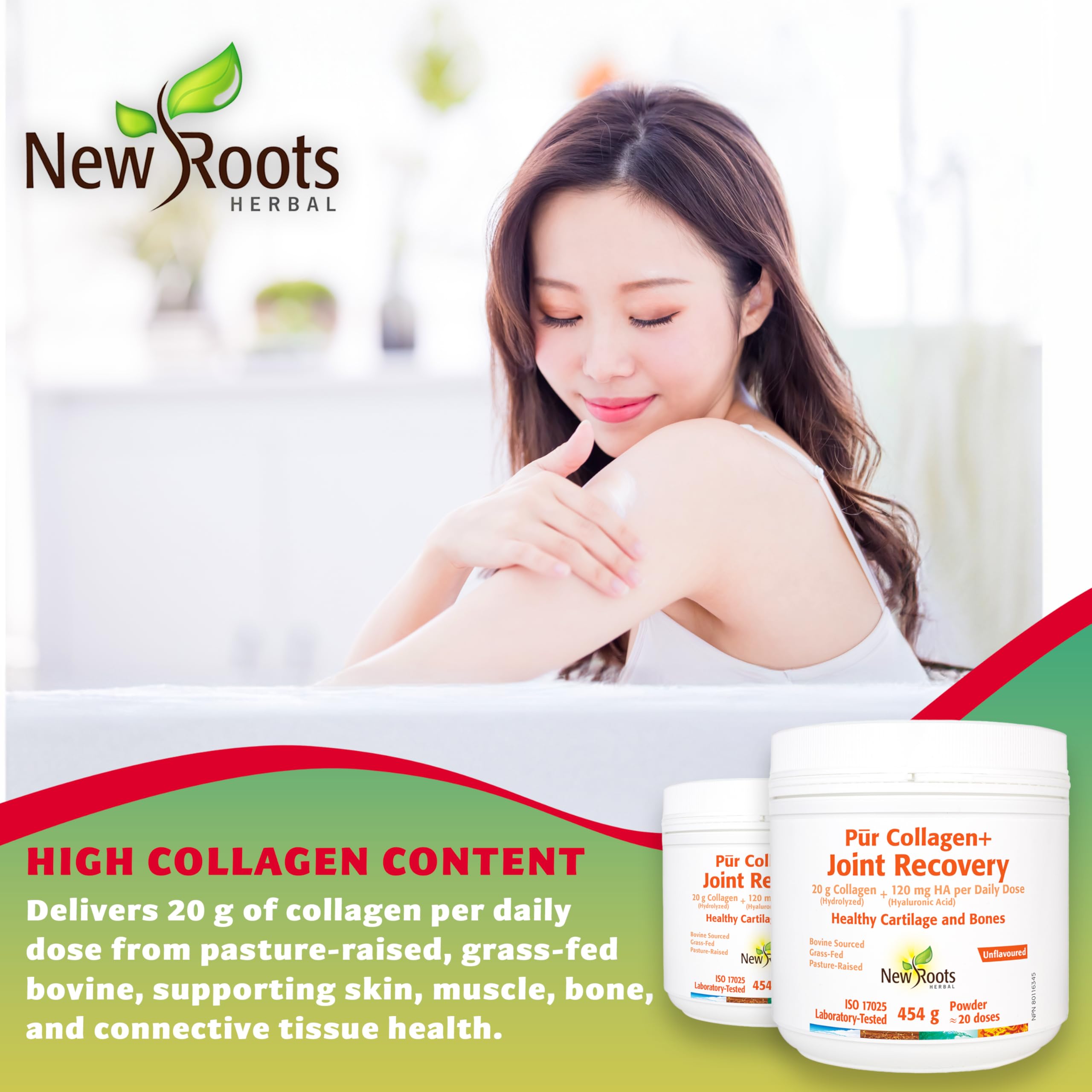 New Roots Herbal - Pur Collagène + Récupération Articulaire, 454g Poudre - Aide à maintenir la santé des cartilages, des os, des dents, des gencives et des articulations - Contribue au fonctionnement immunitaire et améliore l'hydratation de la peau