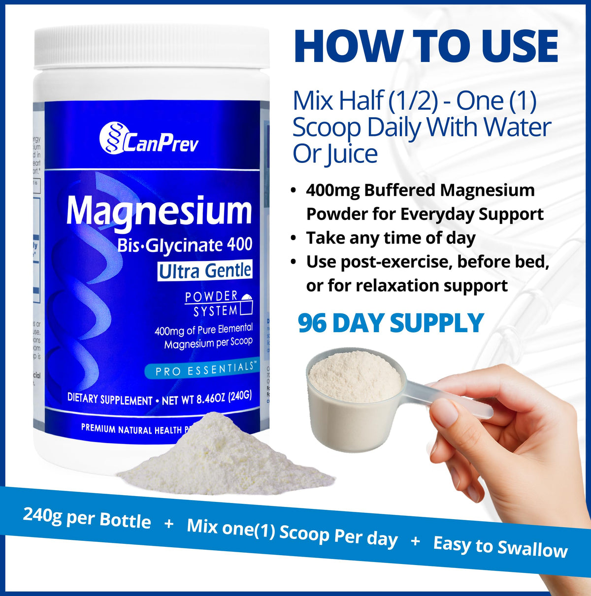 CanPrev Magnesium Bisglycinate Powder for Adults, 240g, 400mg, 48 Servings