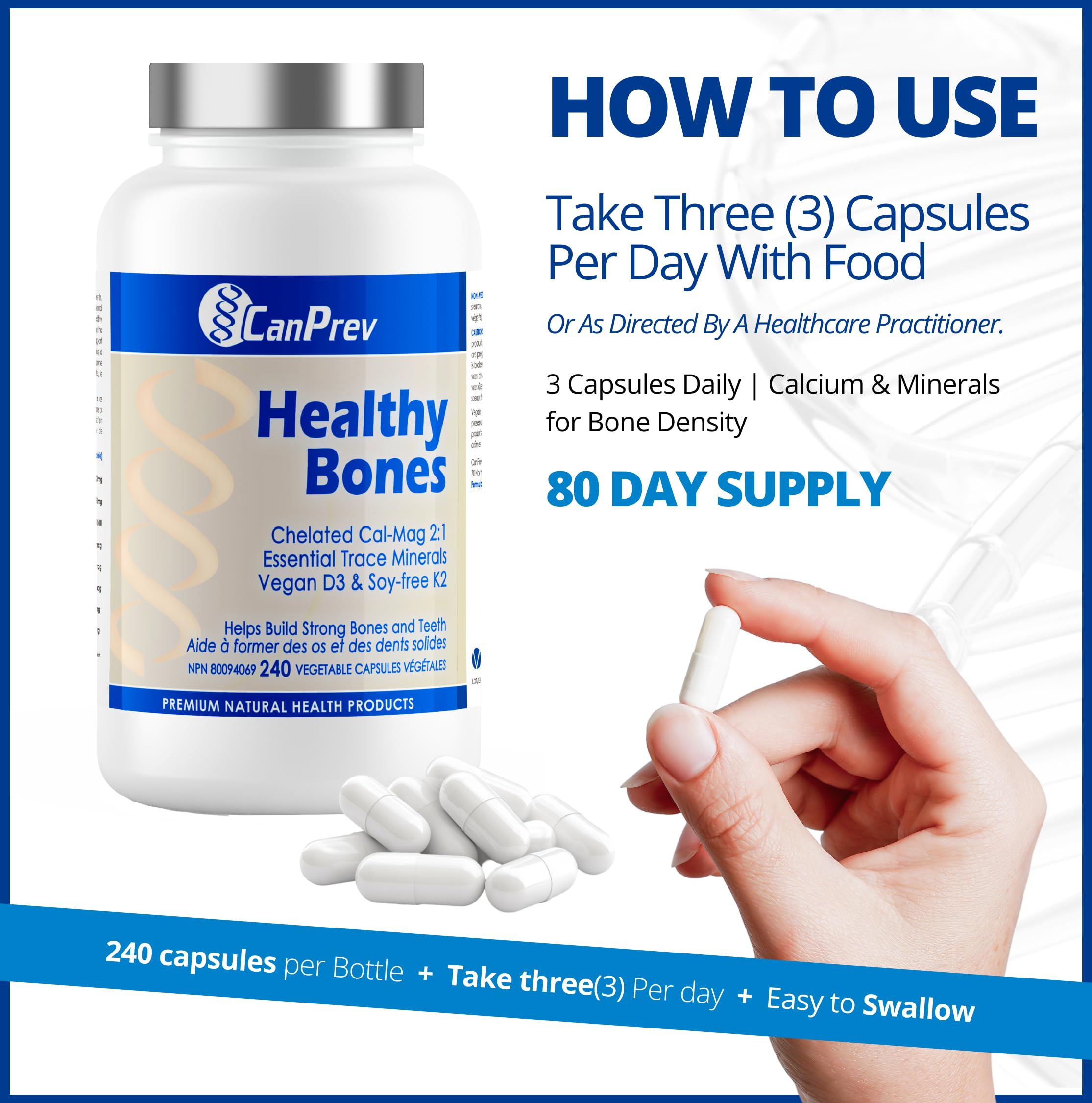 CanPrev Healthy Bones - Cal-Mag Chélaté 2:1, Oligo-éléments Essentiels, Vitamine D3 Végétalienne & K2 Sans Soja | Aide à Construire des Os et des Dents Solides | Produits de Santé Naturels de Première Qualité