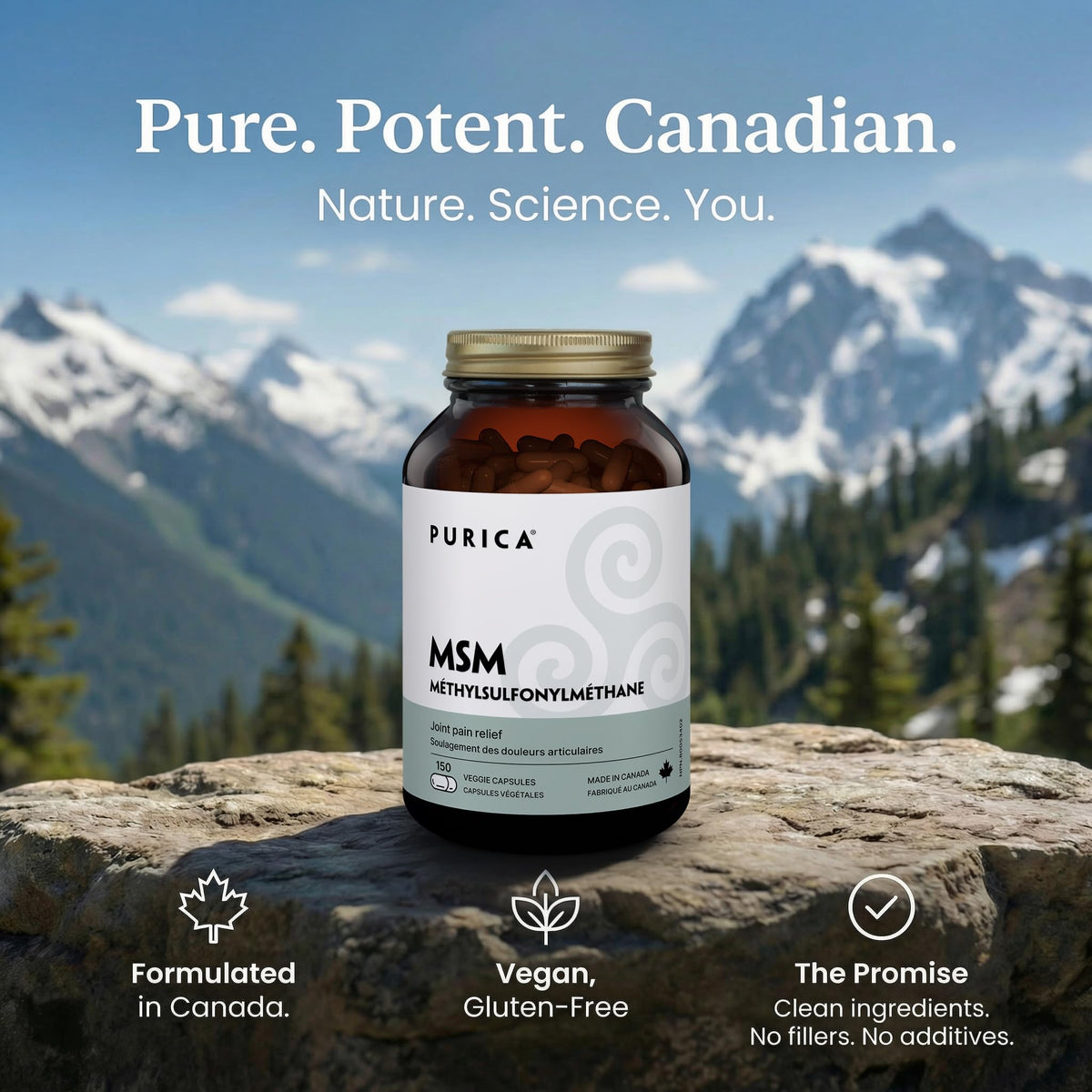 PURICA MSM Supplement, 500 mg, Vegan Capsules, 150 Capsules, Made in Canada
