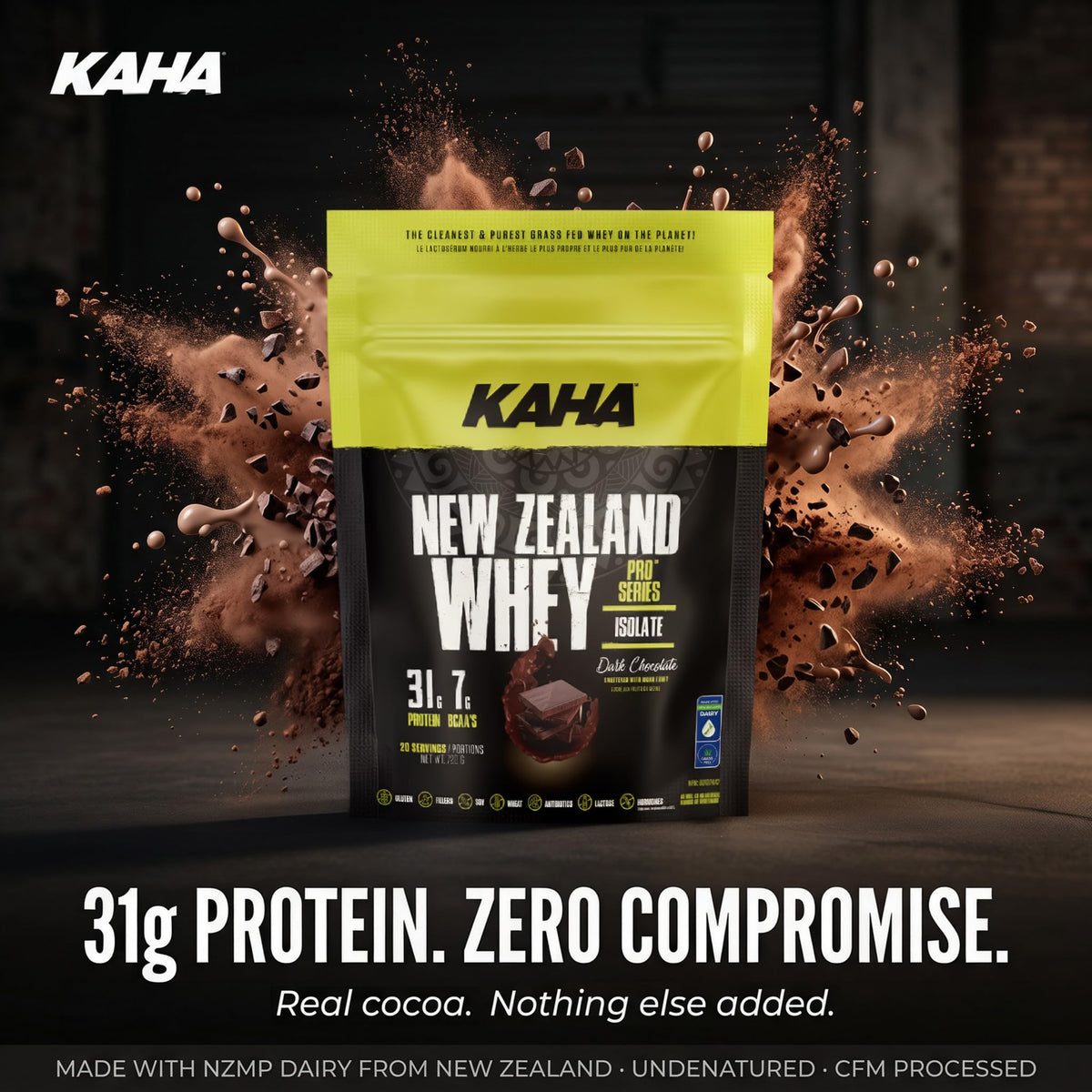 Kaha Nutrition NZ Whey Isolate, 720g Protein Powder Dark Chocolate Flavour, 31g Protein & 7g BCAAs, Grass-Fed New Zealand Whey, Lactose & Carrageenan Free