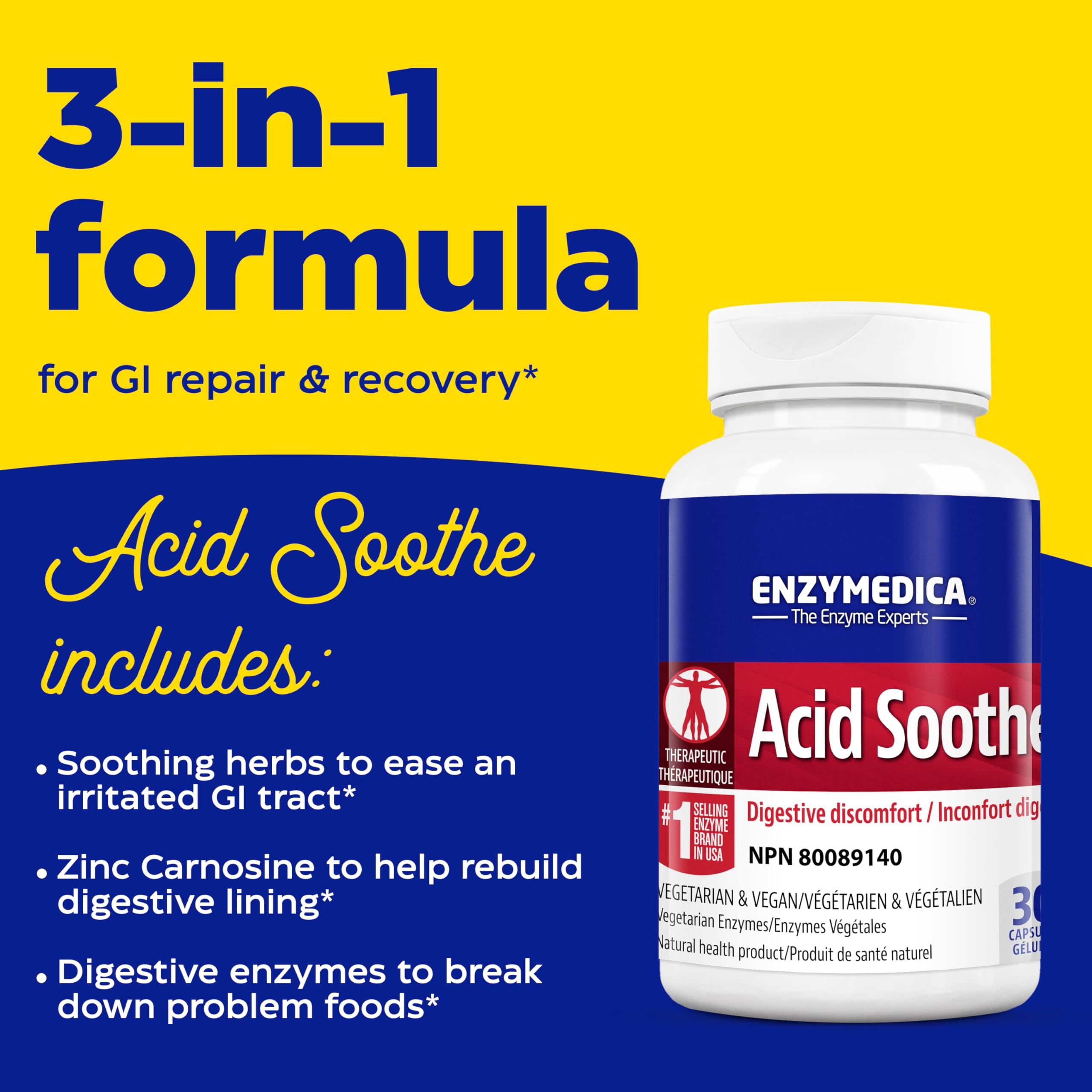 Enzymedica - Acid Soothe, 30 Vegan Capsules 30-Day Supply - Digestive Discomfort, Digestive Enzymes to Break Down Foods, Gut Lining Repair, Indigestion and Heartburn Relief - Non-GMO & Gluten-Free