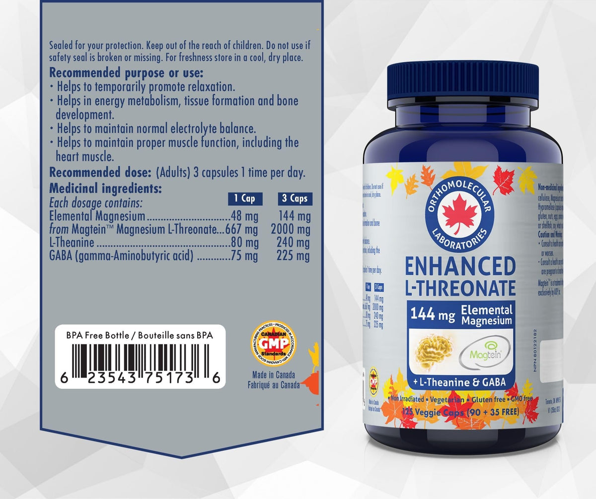 Orthomolecular Laboratories - Enhanced Magtein Magnesium L-Threonate 144mg + L-Theanine & Gaba, 125 Veggie Capsules 41-Day Supply - Promote Relaxation, Electrolyte Balance and Maintain Muscle Function