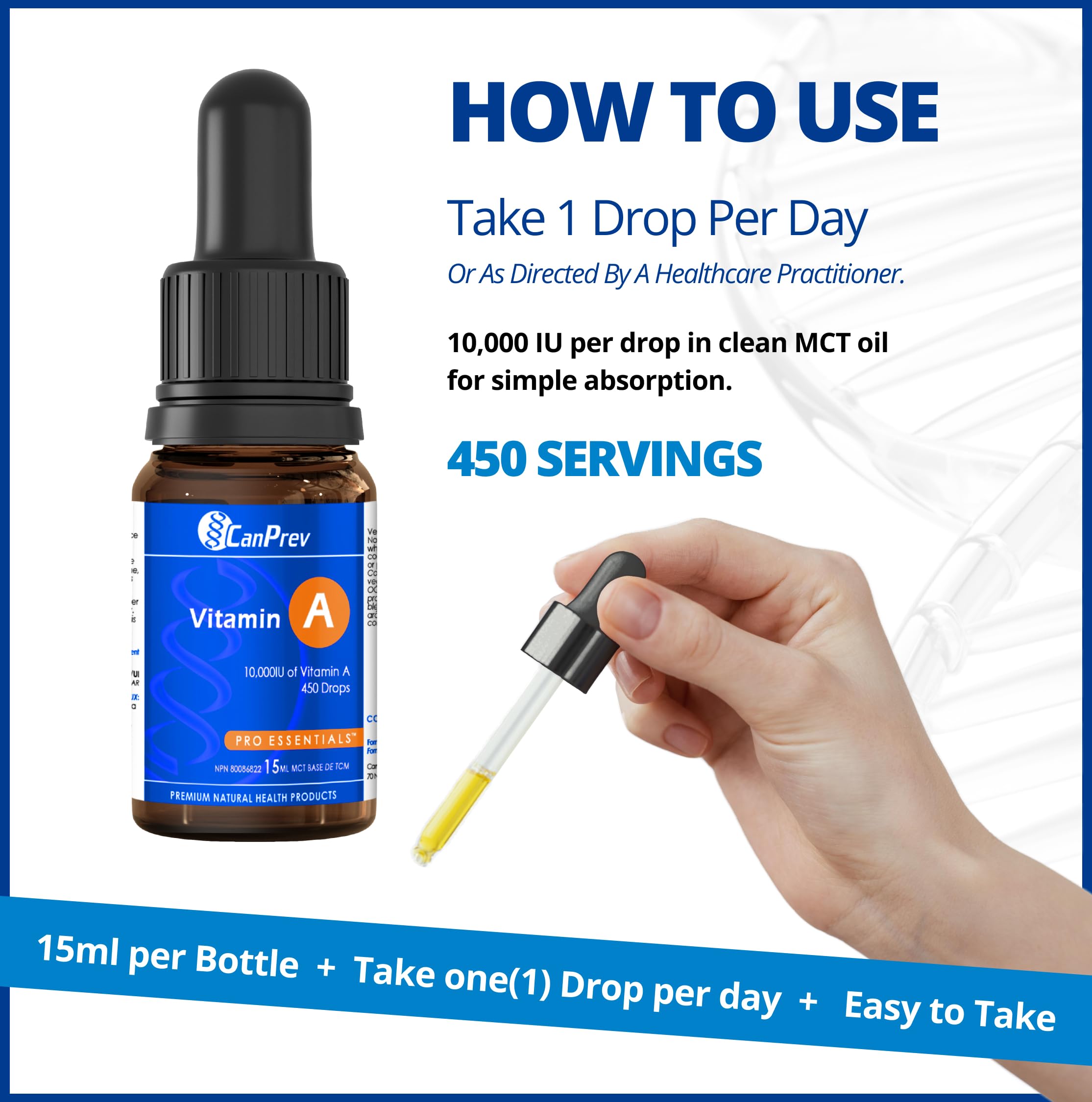 CanPrev Vitamine A Gouttes 15 ml, 10 000 UI Vitamine A Liquide avec 450 Portions, Soutien de la Santé Oculaire, de la Peau, du Bien-être Osseux et de la Fonction Immunitaire, Formulée avec du Palmitate de Rétinyle Tout-Trans - Végétalien et Sans Gluten