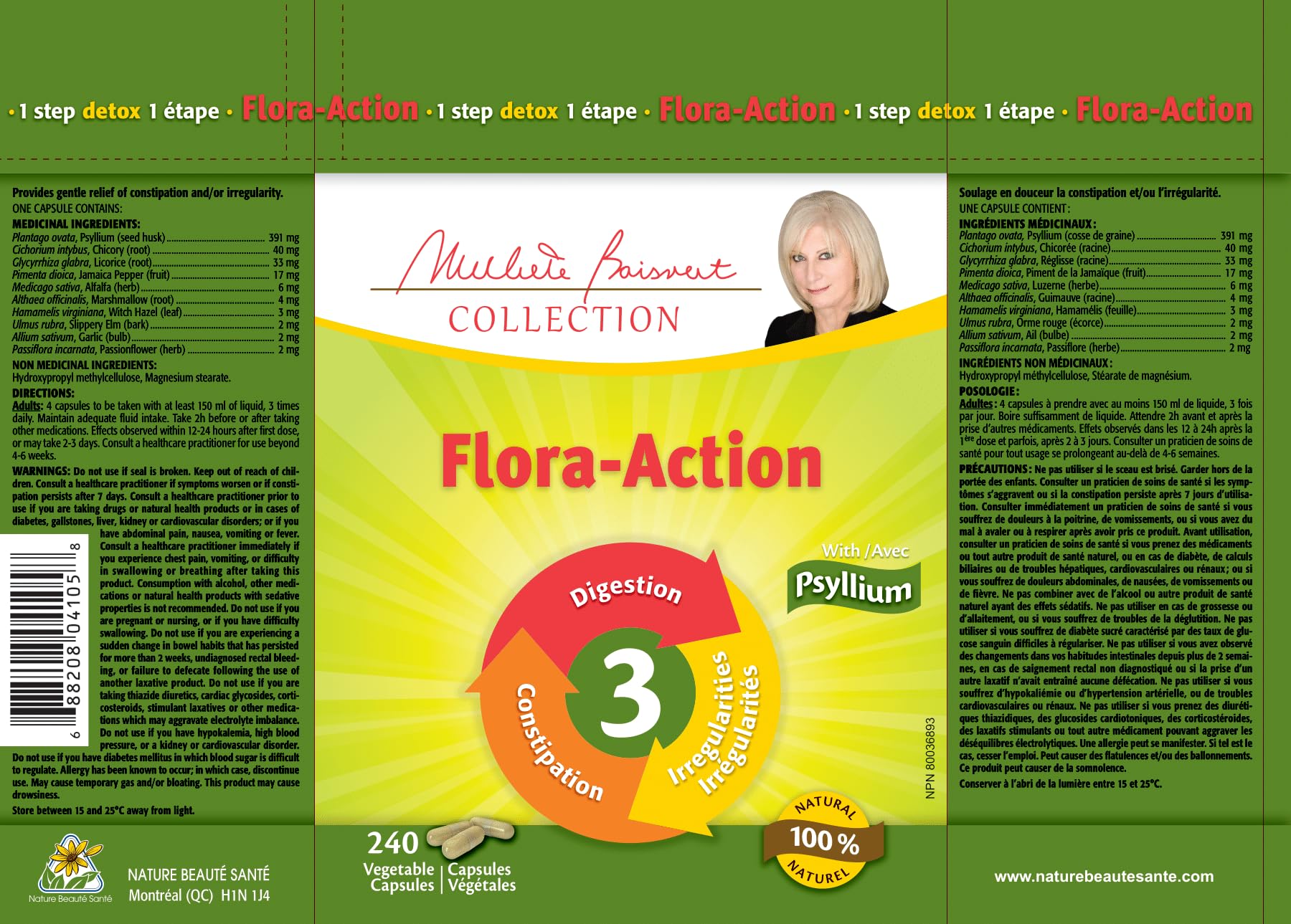 Nature Beaut√© Sant√© Flor Action 240 Veg Capsules - Triple-Action Psyllium Husk for Comfortable Digestion & Gut Balance, Licorice Root and Garlic, Promote Regularity & Digestive Harmony