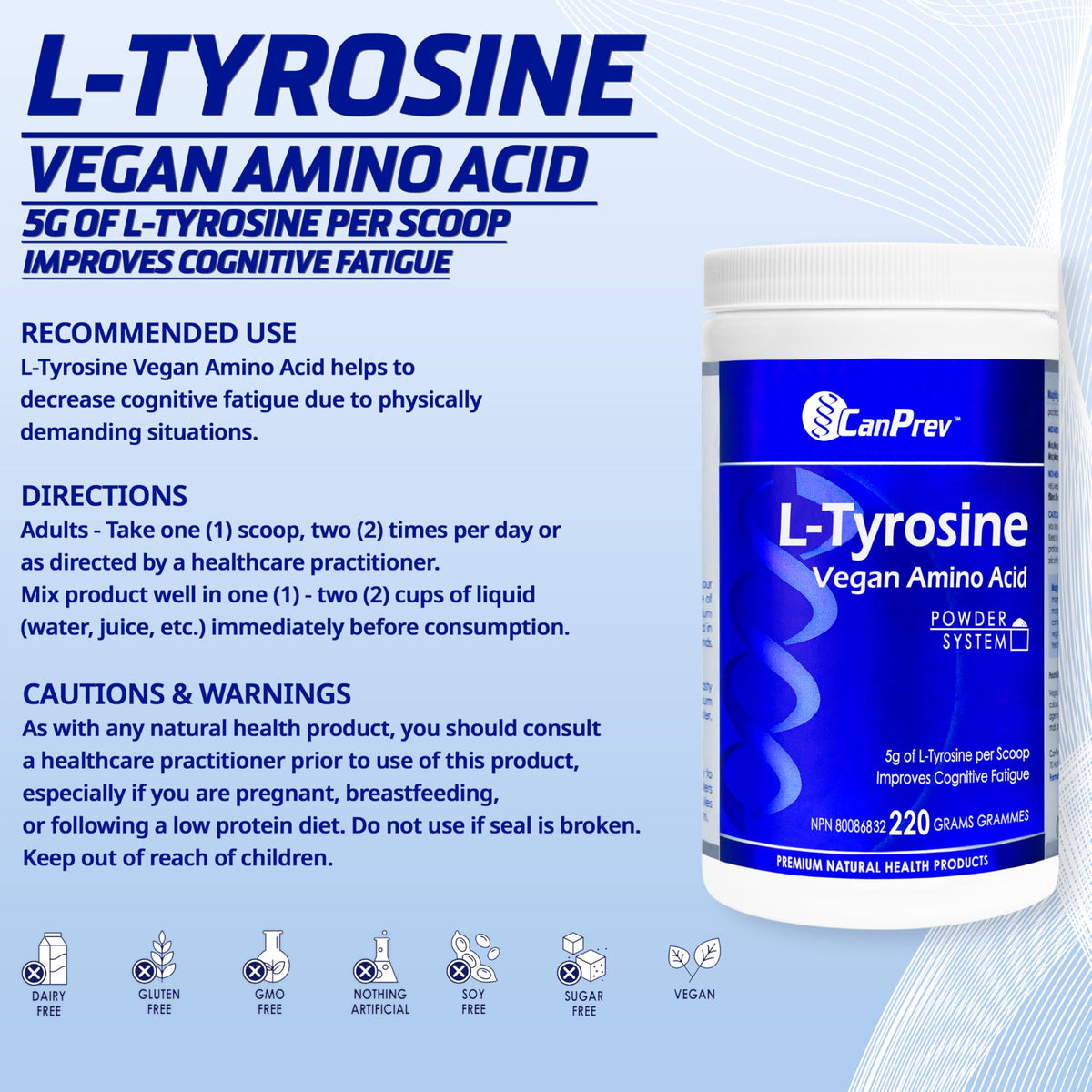 CanPrev L-Tyrosine Amino Acid Powder, For Adults, Vegan, Unflavoured, 220g