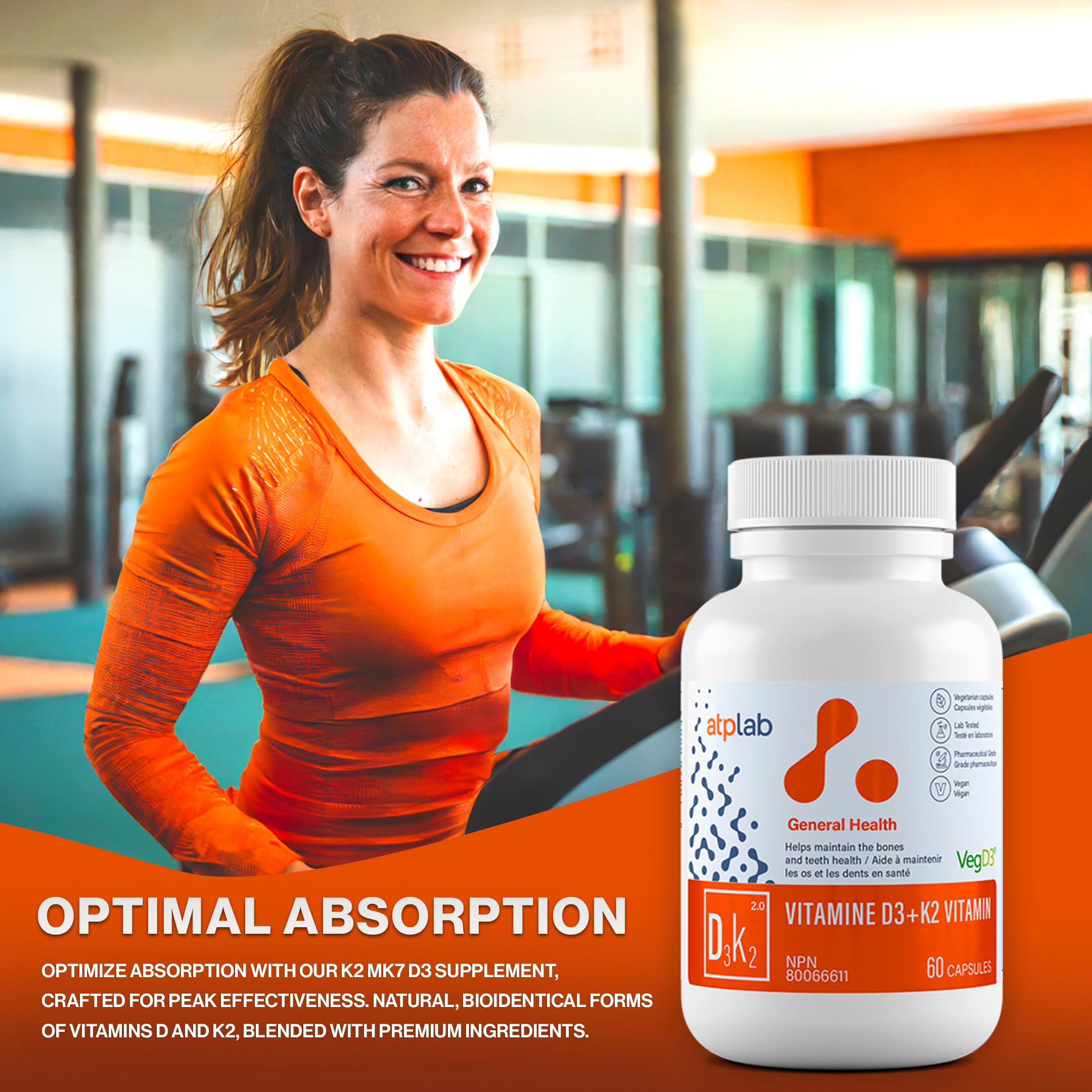 ATP LAB - Vitamine D3 K2 60 Gélules Fourniture de 60 Jours - Complément de Vitamines K2 MK-7 D3 - Os Sains, Dents Saines, Muscles Sains - Complément de Vitamines K2 D3 - D3 K2 Végétalien