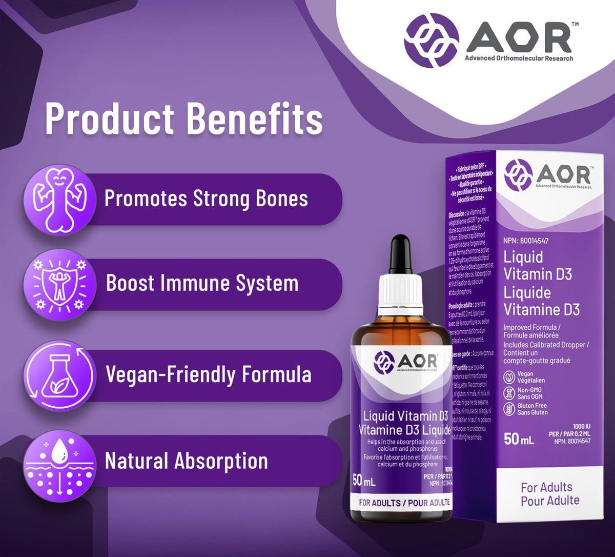 AOR Liquid Vitamin D Drops, Vitamin D3, Vegan, 1000 IU, 50 ml, 250 Servings