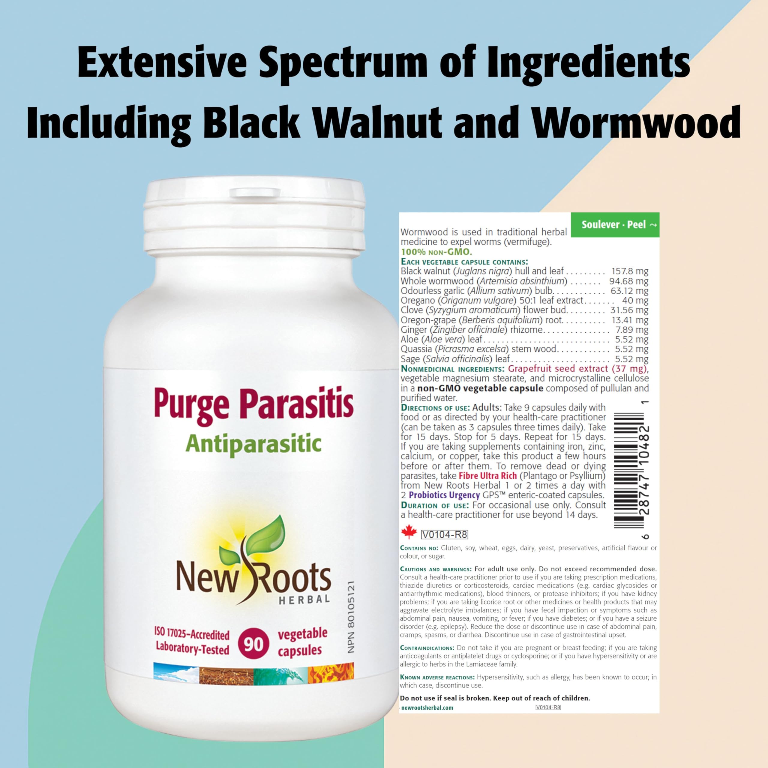 New Roots Herbal Purge Parasitis Capsules, 180 gélules végétales pour adultes – Nettoyage complet des parasites avec de l'armoise, de la coque de noix noire – Supplément de soutien digestif et antiparasitaire – 1 bouteille