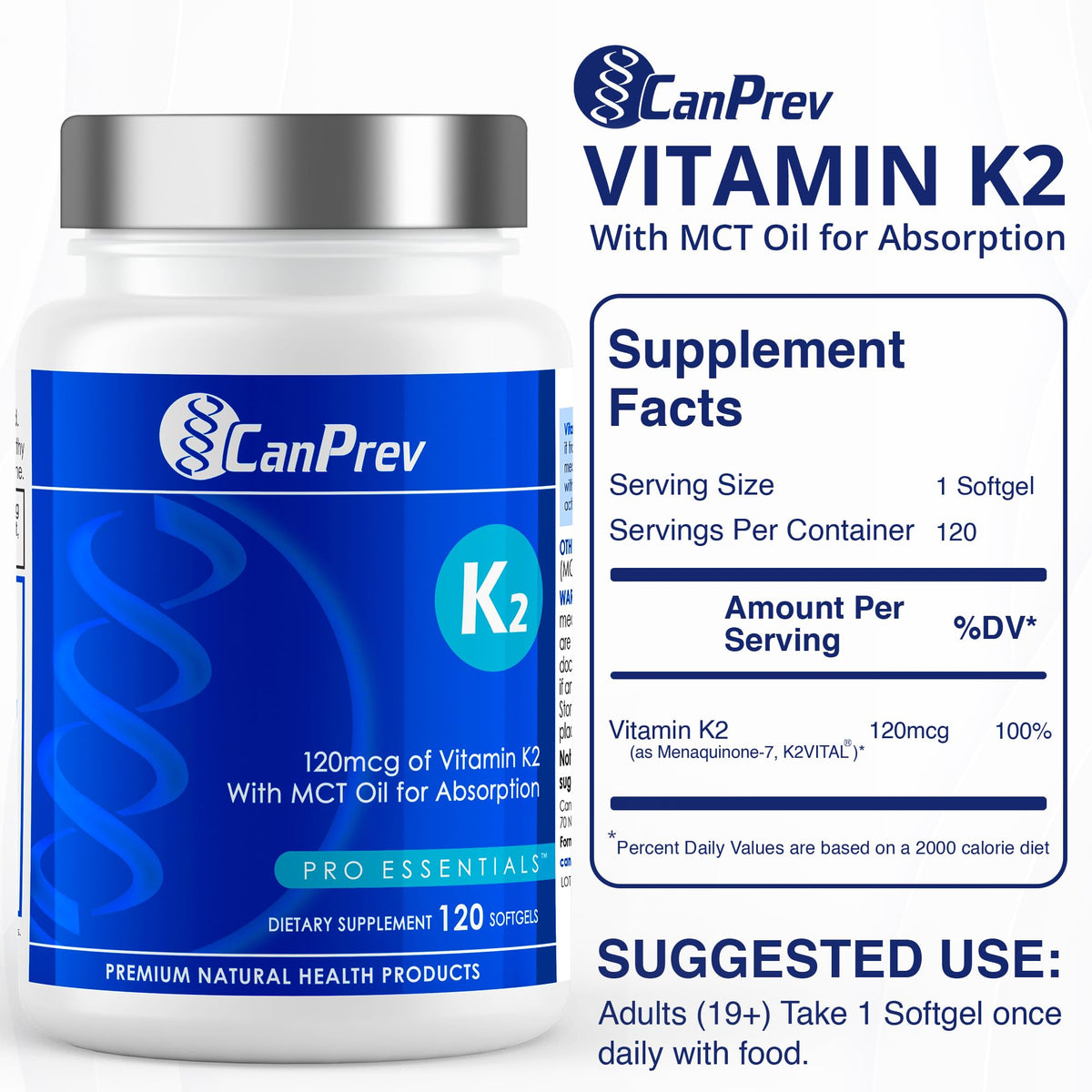 CanPrev K2 MK7 Softgels, 120 mcg, Coconut Oil, 120 Softgels, 120 Day Supply
