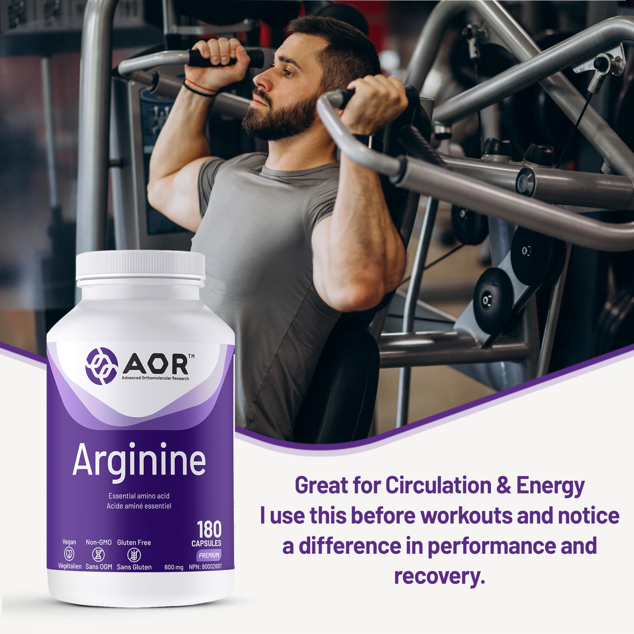 AOR Arginine 600mg, Vegan 180 Caps 60-Day Supply - L-Arginine Supplement for Circulation & Vitality - Support Nitric Oxide Production - Essential Amino Acids for Skin Elasticity and Muscle Performance