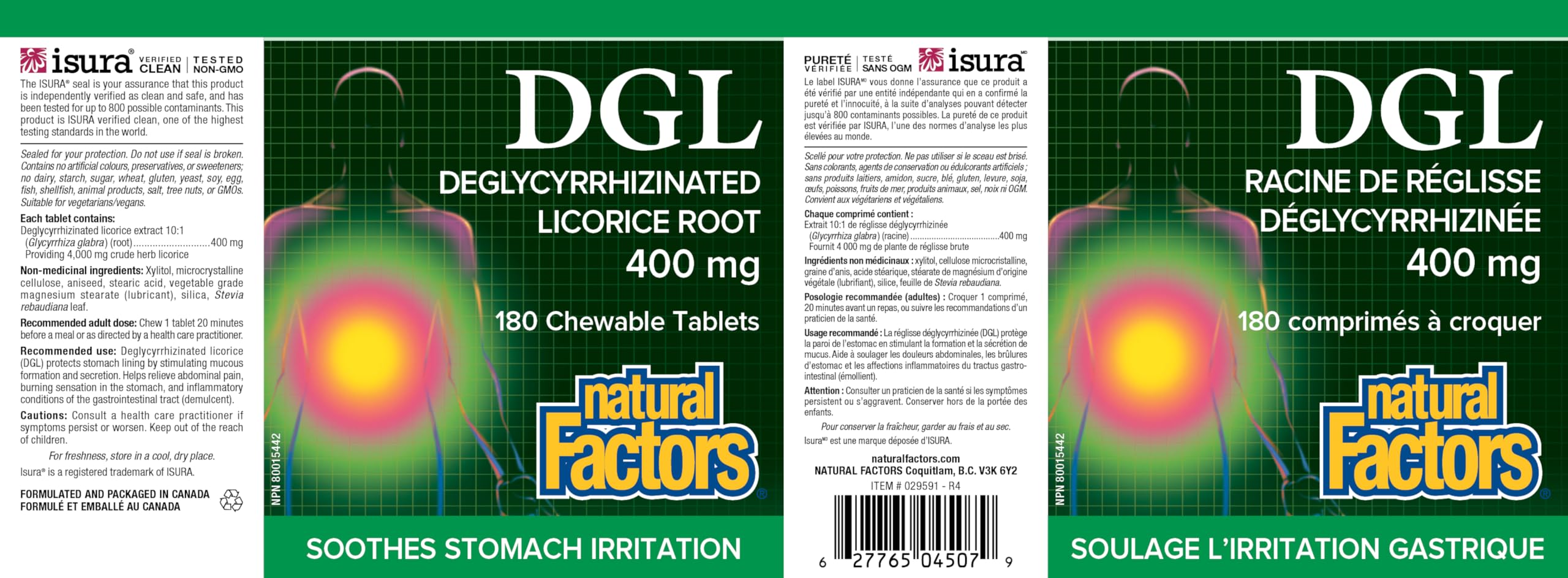 Natural Factors DGL - Deglycyrrhizinated Licorice Root Extract 400mg, 180 Chewable Tablets