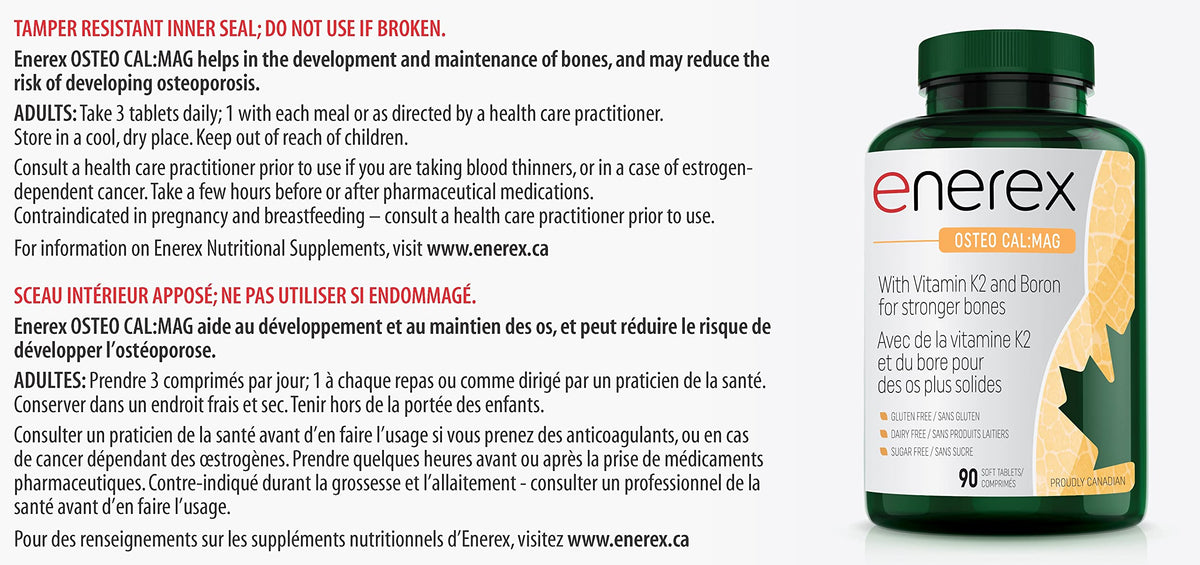 Enerex Osteo Cal:Mag - Superior Bone Support with 1:1 Chelated Calcium & Magnesium + Microencapsulated K2 MK-7, D3, Bamboo Silica & Boron - Organic Kale Base - Dairy-Free, Gluten-Free, Natural Formula