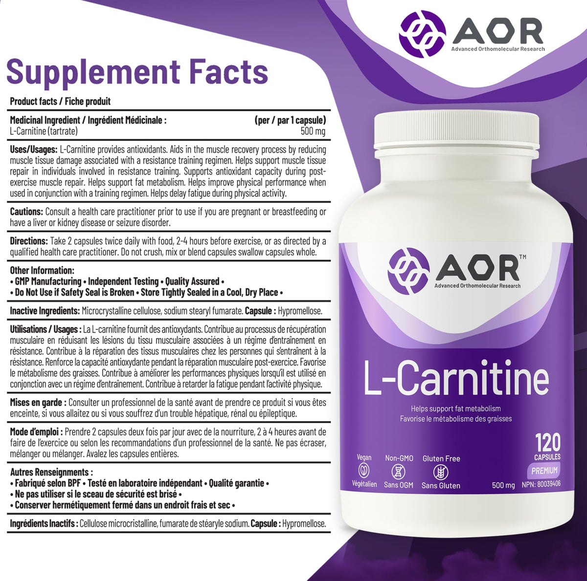 AOR L Carnitine 500mg Capsules, Muscle Recovery, Gluten Free, 120 Capsules