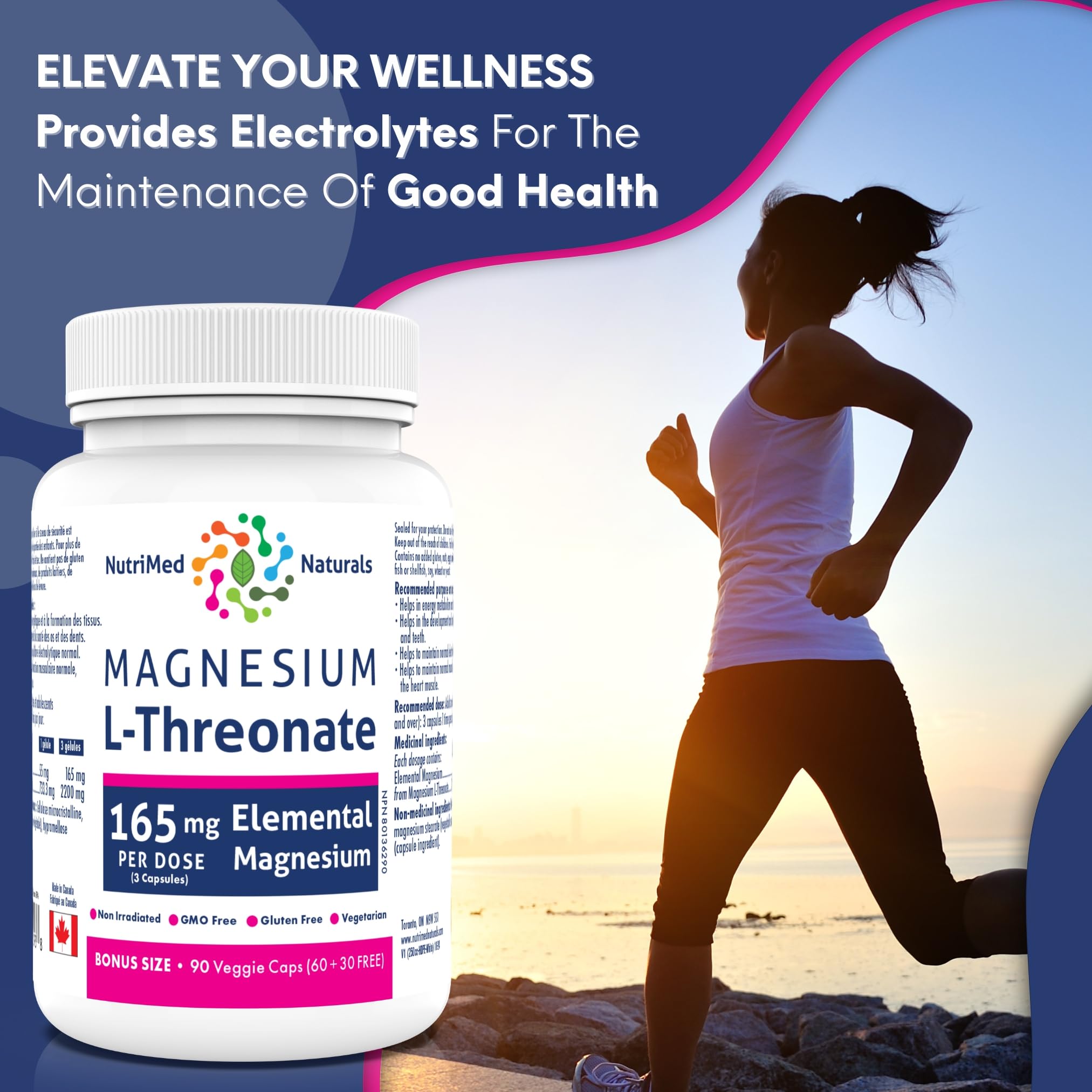 Nutrimed Naturals - Supplément de Magnésium L-Thréonate Élémentaire 165mg 90 Gélules Pour 30 Jours - Améliore la Concentration, la Mémoire et la Santé Cérébrale Optimale - Testé par un Tiers - Formulé et Fabriqué au Canada