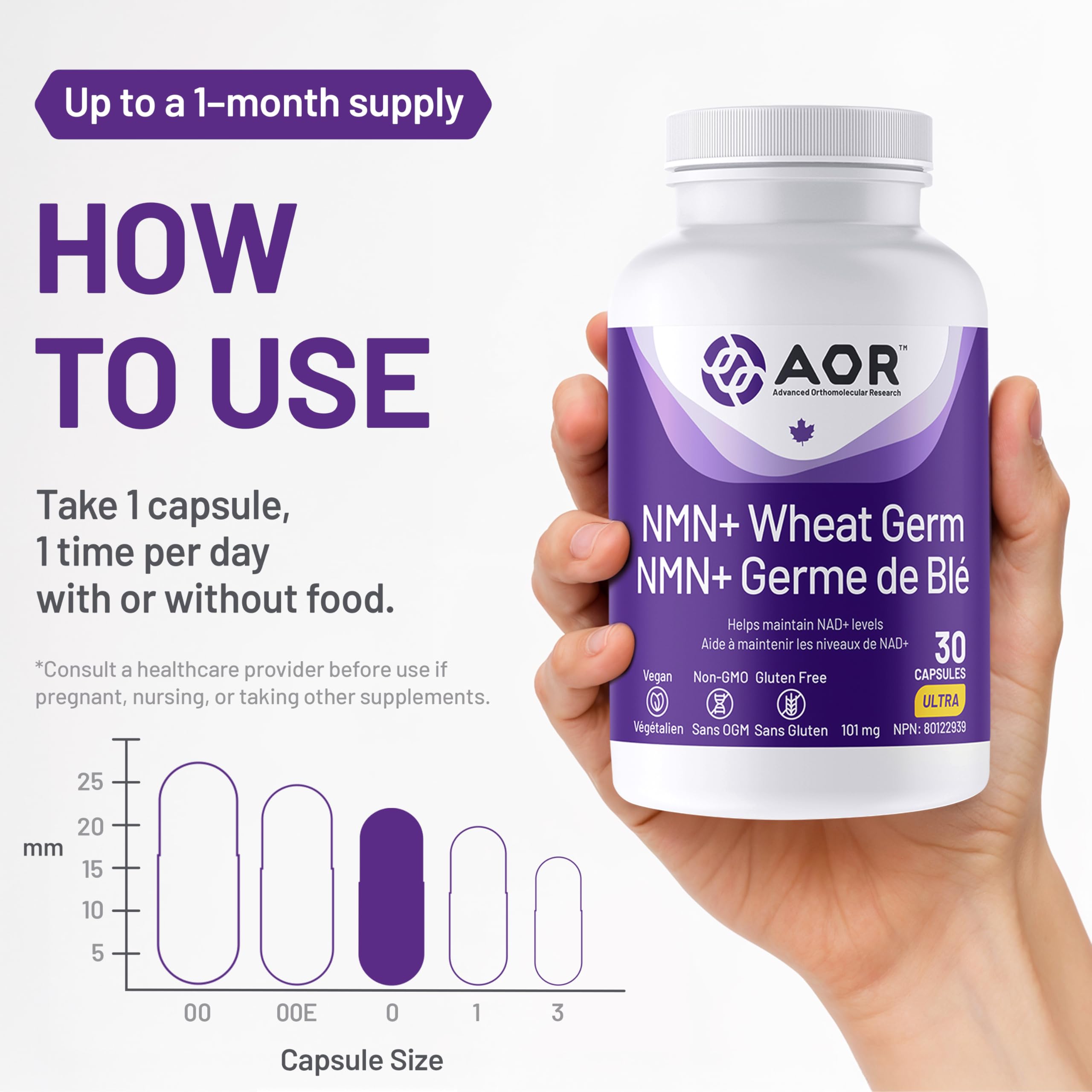 AOR NMN + Wheat Germ, 30 Capsules 30-Day Supply - Nicotinamide Mononucleotide Supplement with Spermidine, Maintain NAD+ Level, Promotes Cellular Vitality, Support Energy & Metabolism, Vegan & Non-GMO