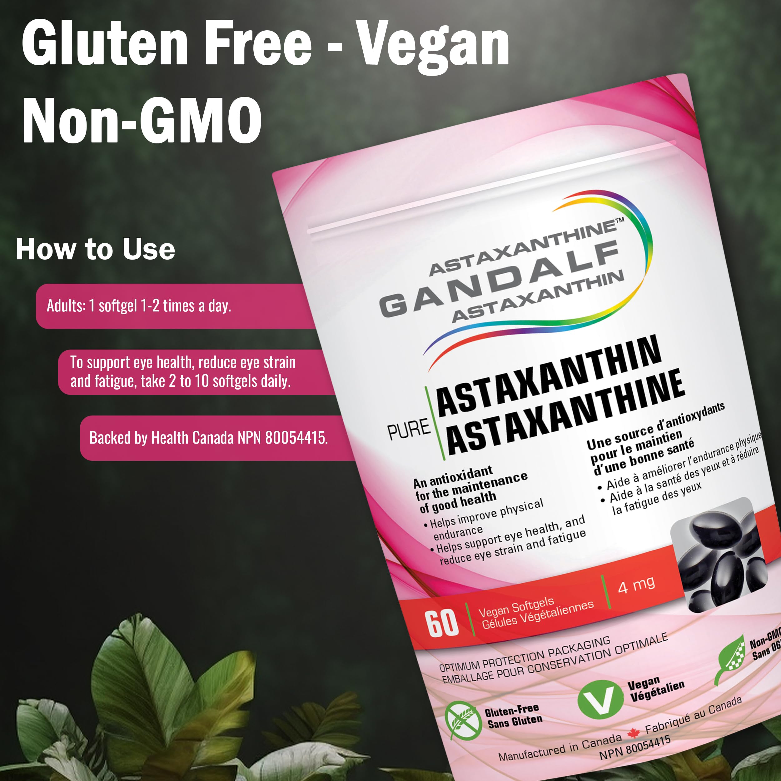 Gandalf Astaxanthine 4 mg, 60 gélules végétaliennes, cure de 30 jours – Complément pour la vision et le bien-être des articulations, favorise le confort oculaire et la souplesse, formule antioxydante, cultivé et fabriqué au Canada, sans OGM